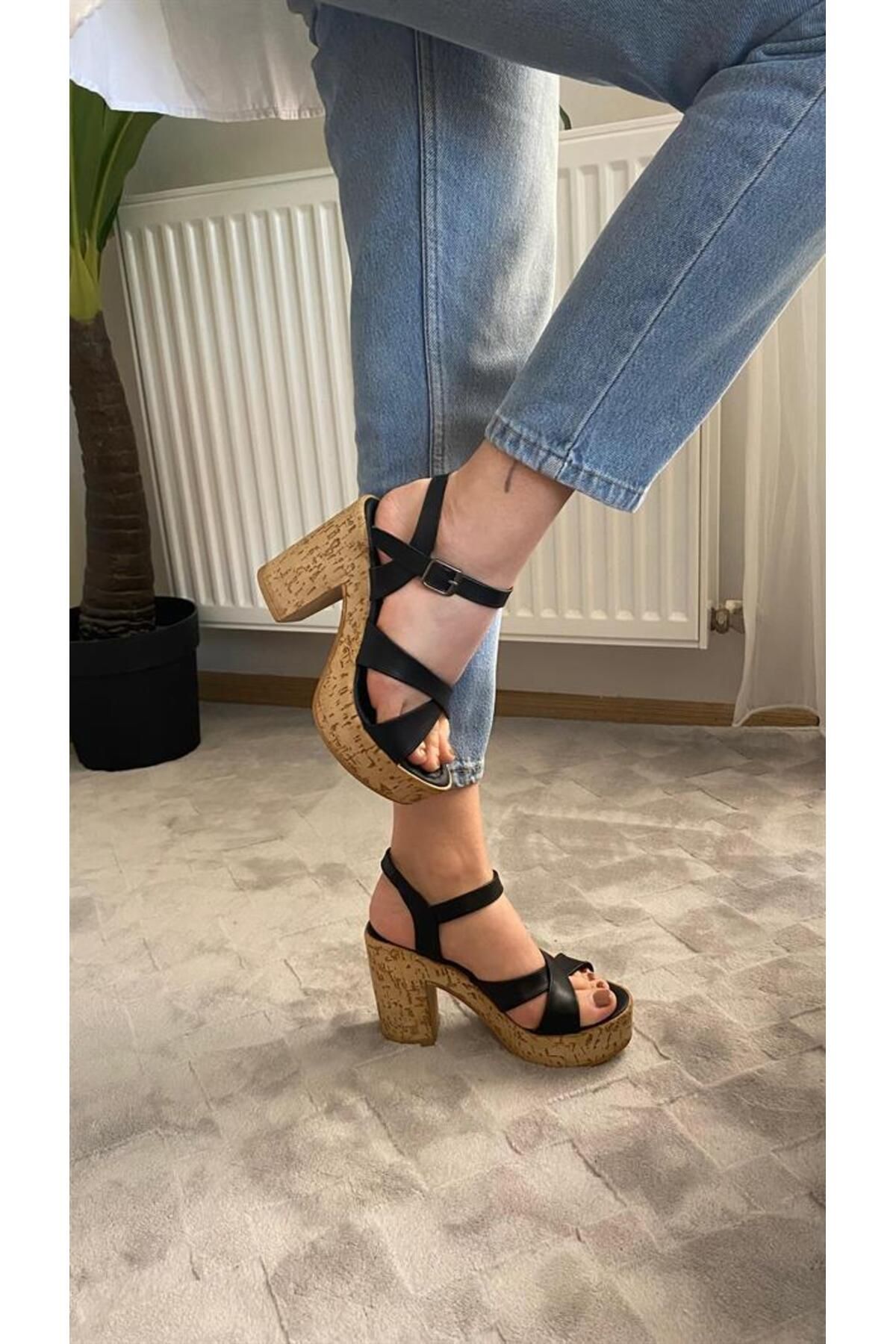 MODAMAİSA-Women's Leina Black Skin Shoes 10 cm Platform Heels Cork Sole & Sandals K-800 4