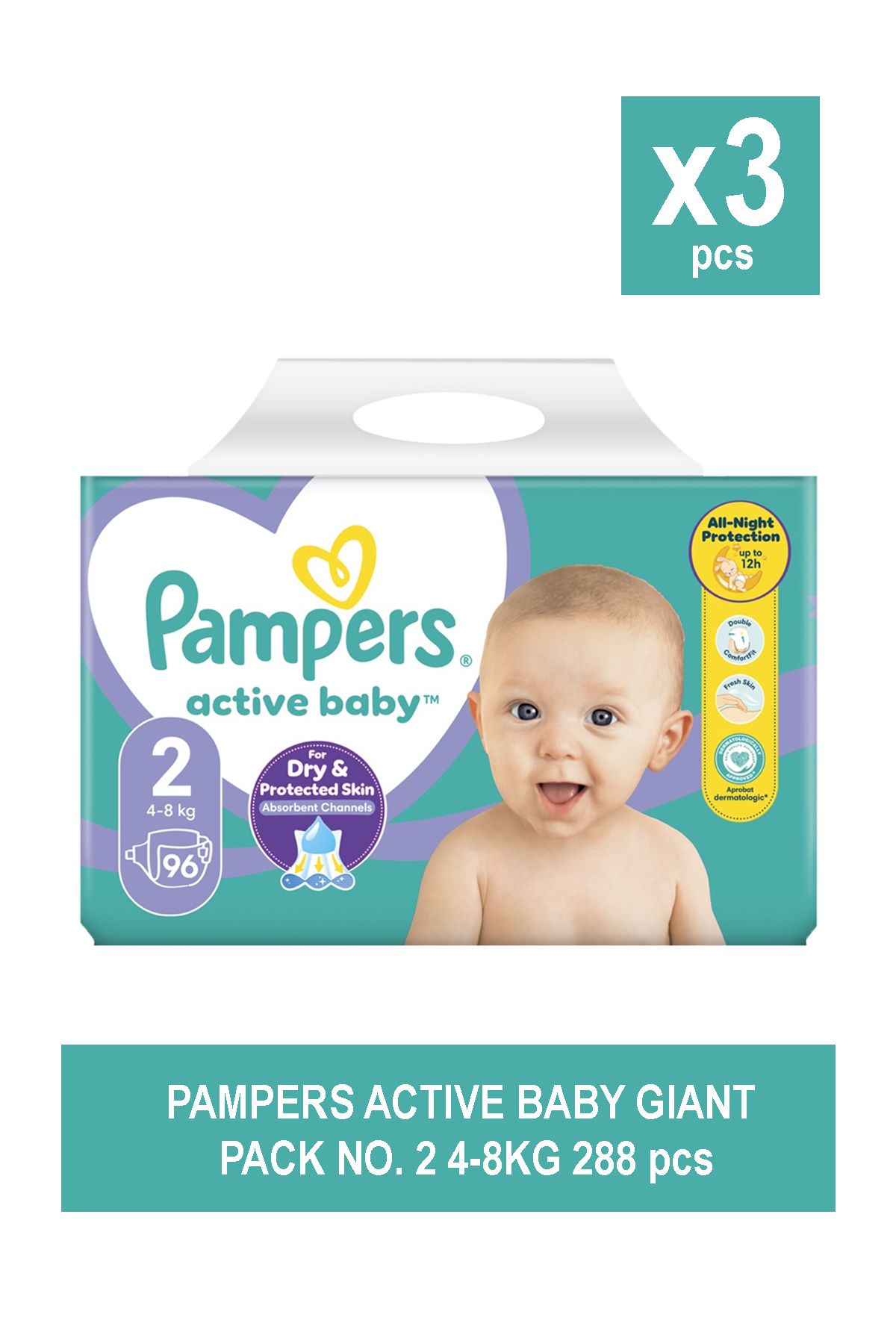 Pampers Pachet Active Baby Giant Nr. 2 4-8kg 96 Buc X 3 - Mărime unică