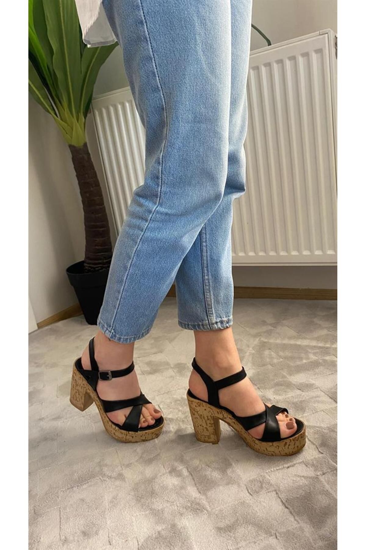MODAMAİSA-Women's Leina Black Skin Shoes 10 cm Platform Heels Cork Sole & Sandals K-800 5