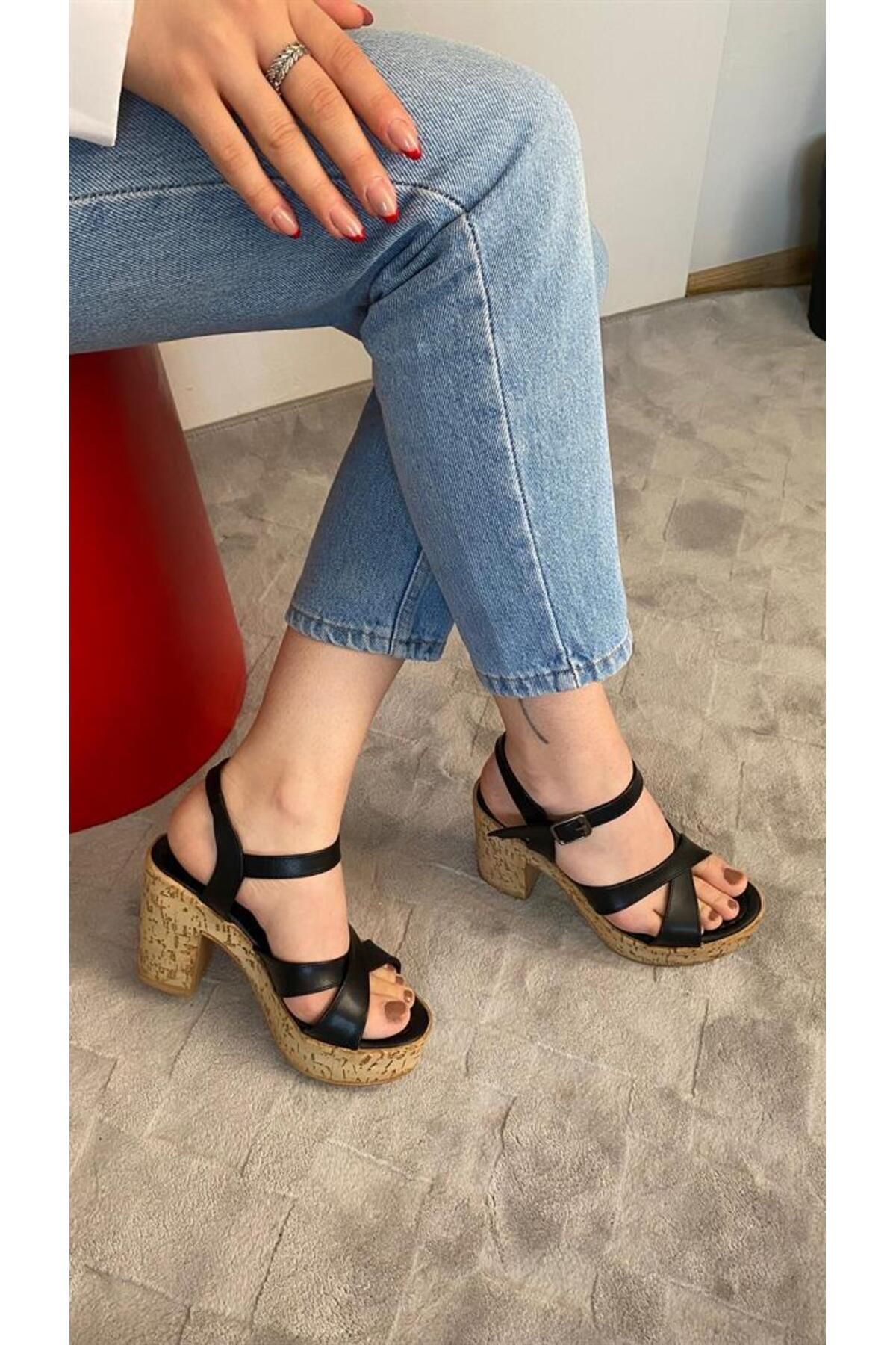 MODAMAİSA-Women's Leina Black Skin Shoes 10 cm Platform Heels Cork Sole & Sandals K-800 3