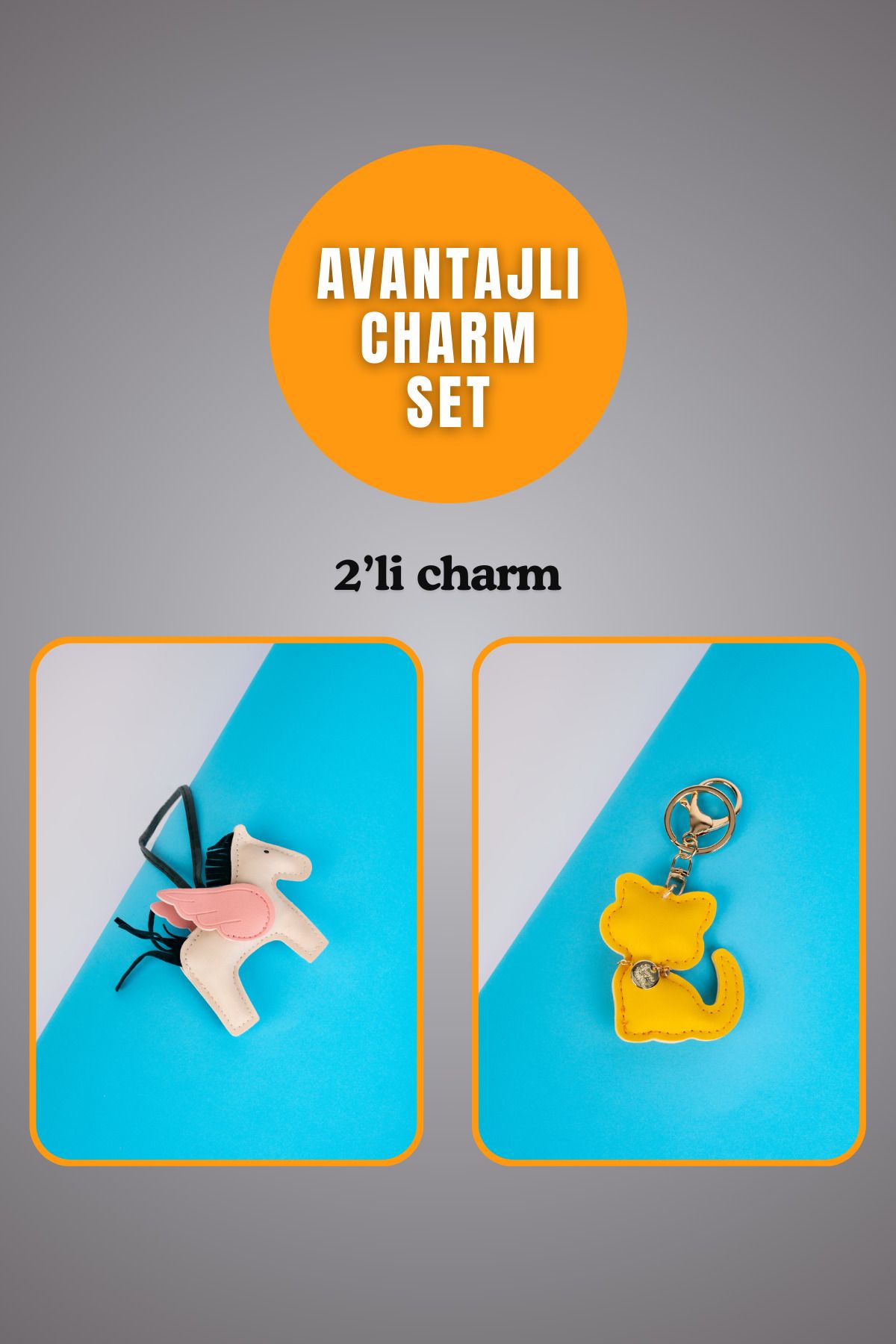 minebag Hayvan At Figürü Krem Ve Hayvan Kedi Figürü Sarı Charm Set