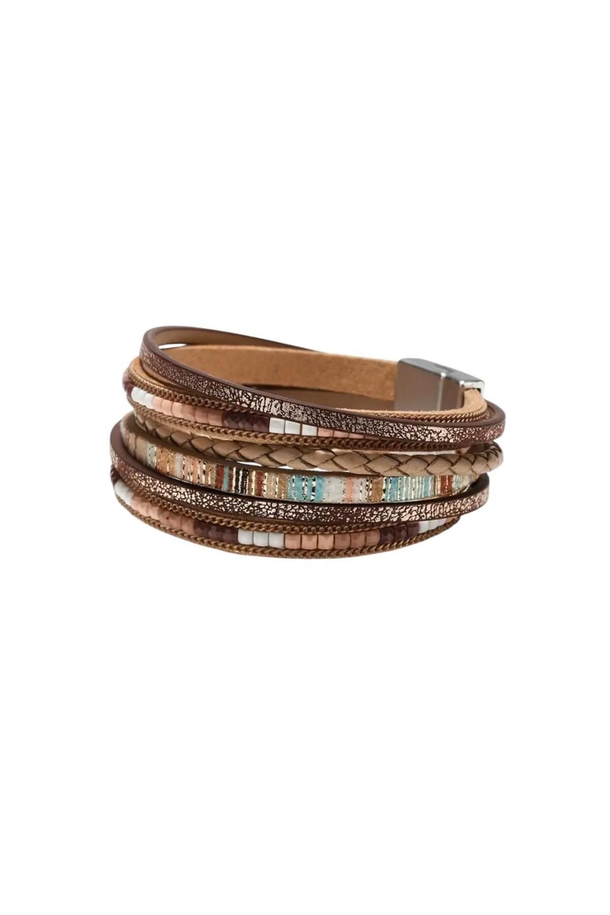 Hayalet-Multiple Leather Bracelet with Lurex and Beads 3