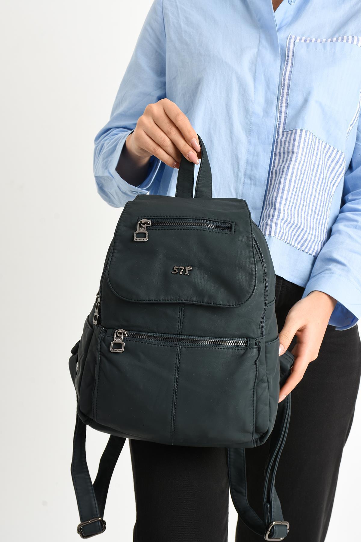 571 Collections Çanta  Yıkanmış Deri Sırt Çantası Mavi (Model: 571-9-11A) - Görsel 4