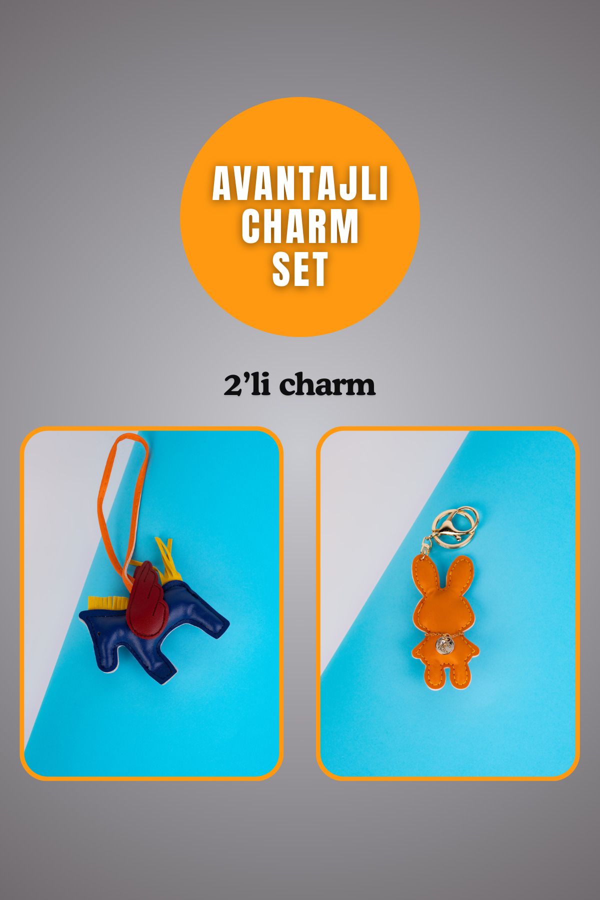 minebag Hayvan At Figürü Lacivert Ve Hayvan Tavşan Figürü Turuncu Charm Set