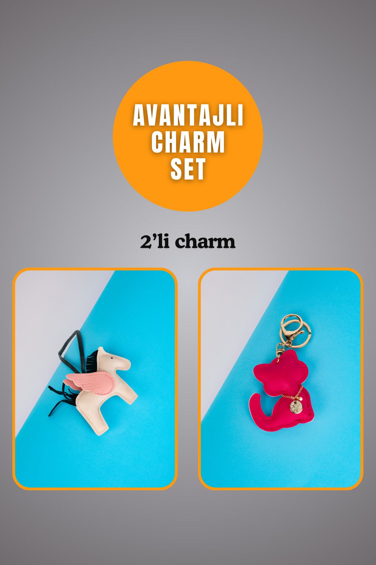 minebag Hayvan At Figürü Krem Ve Hayvan Kedi Figürü Fuşya Charm Set