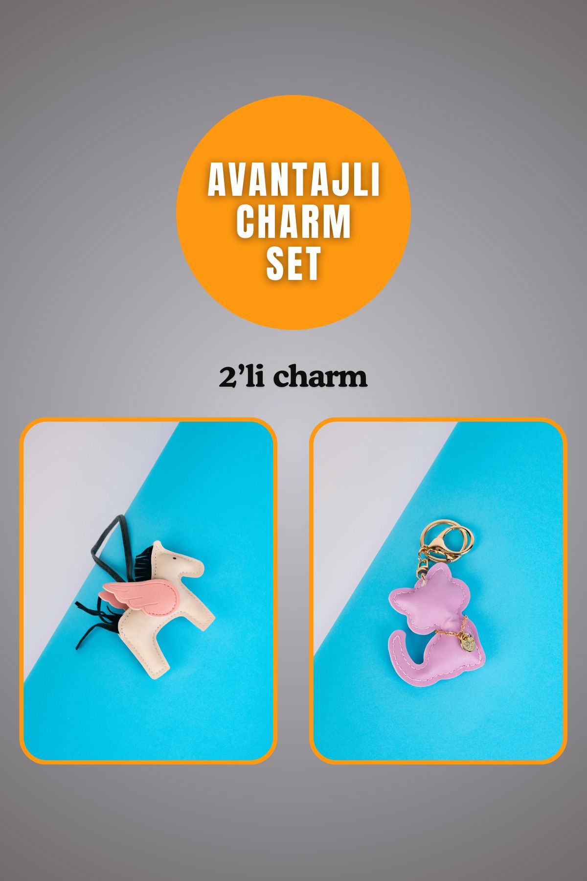 minebag Hayvan At Figürü Krem Ve Hayvan Kedi Figürü Lila Charm Set