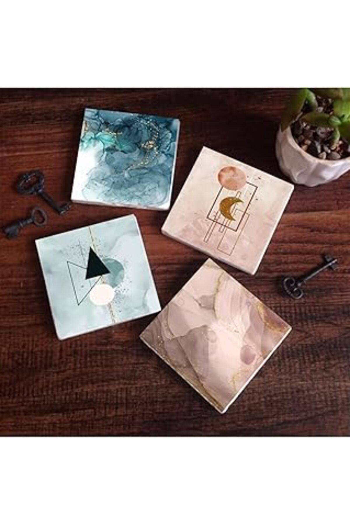 Mu Art Pinecone Minimalist, Soyut Sanat Taş Bardak Altlığı Seti - 4 Parça - Dekoratif, Rustik Mutfak Akses