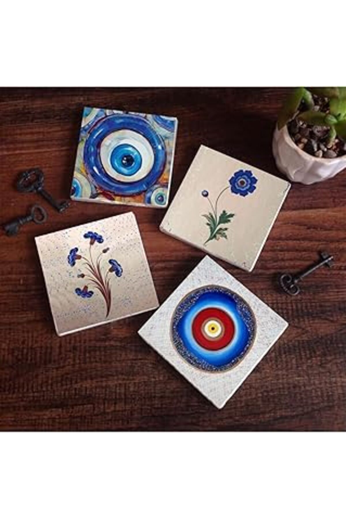 Mu Art Pinecone Nazar, Ebru Sanatı Taş Bardak Altlığı Seti - 4 Parça - Dekoratif, Rustik Mutfak Aksesuarı,