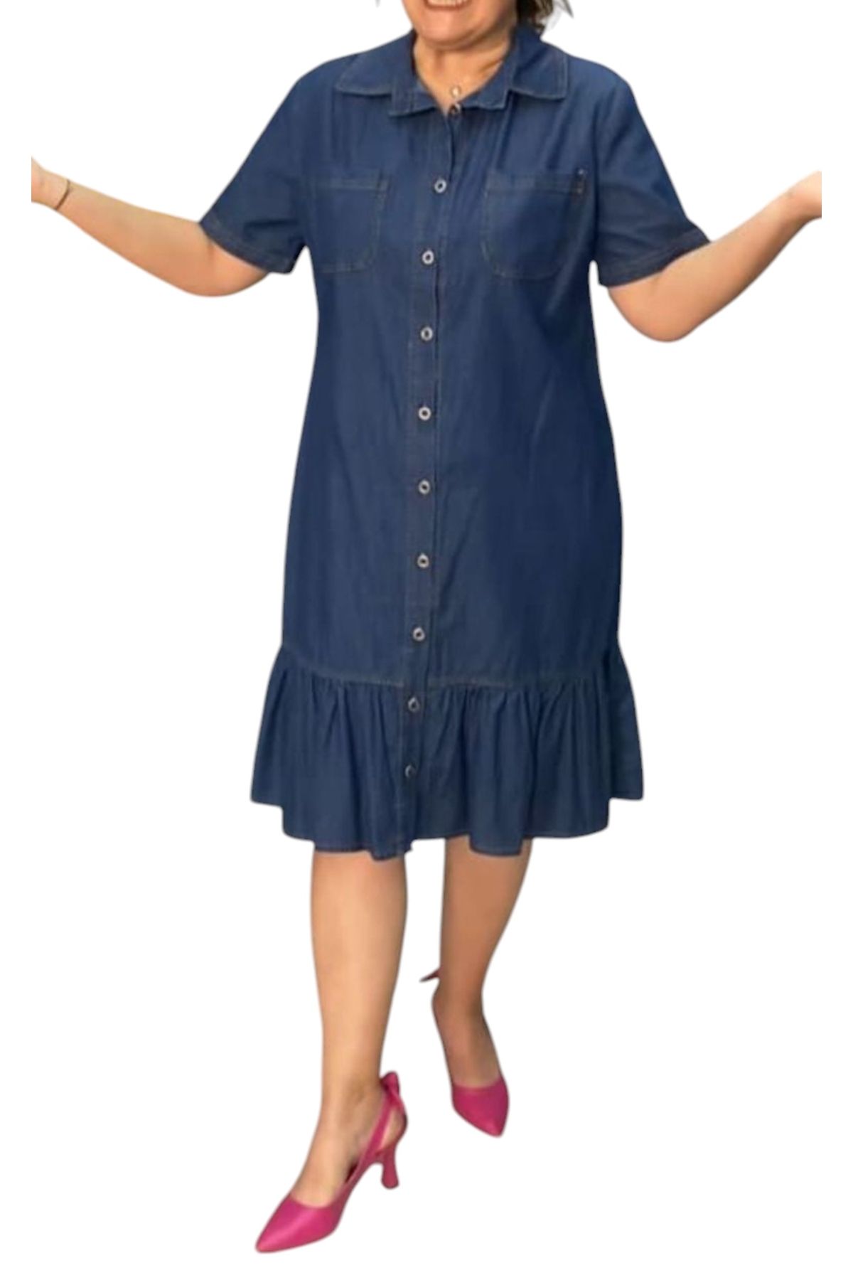 AKŞEN GİYİM Büyük Beden Ince Denim Kot Kumaştan Boydan Düğmeli Gömlek Yaka Eteği Fırfırlı Kısa Kollu Jean Elbise