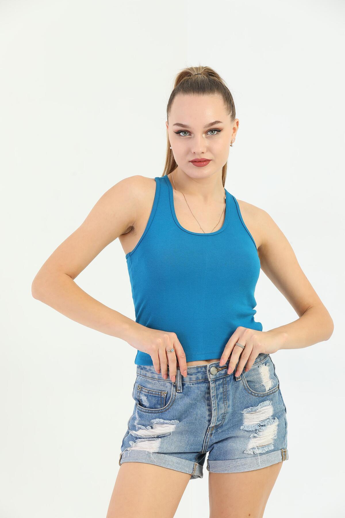 Edelle-Blue Cross Strap Ribbed Women's Tank Top 1
