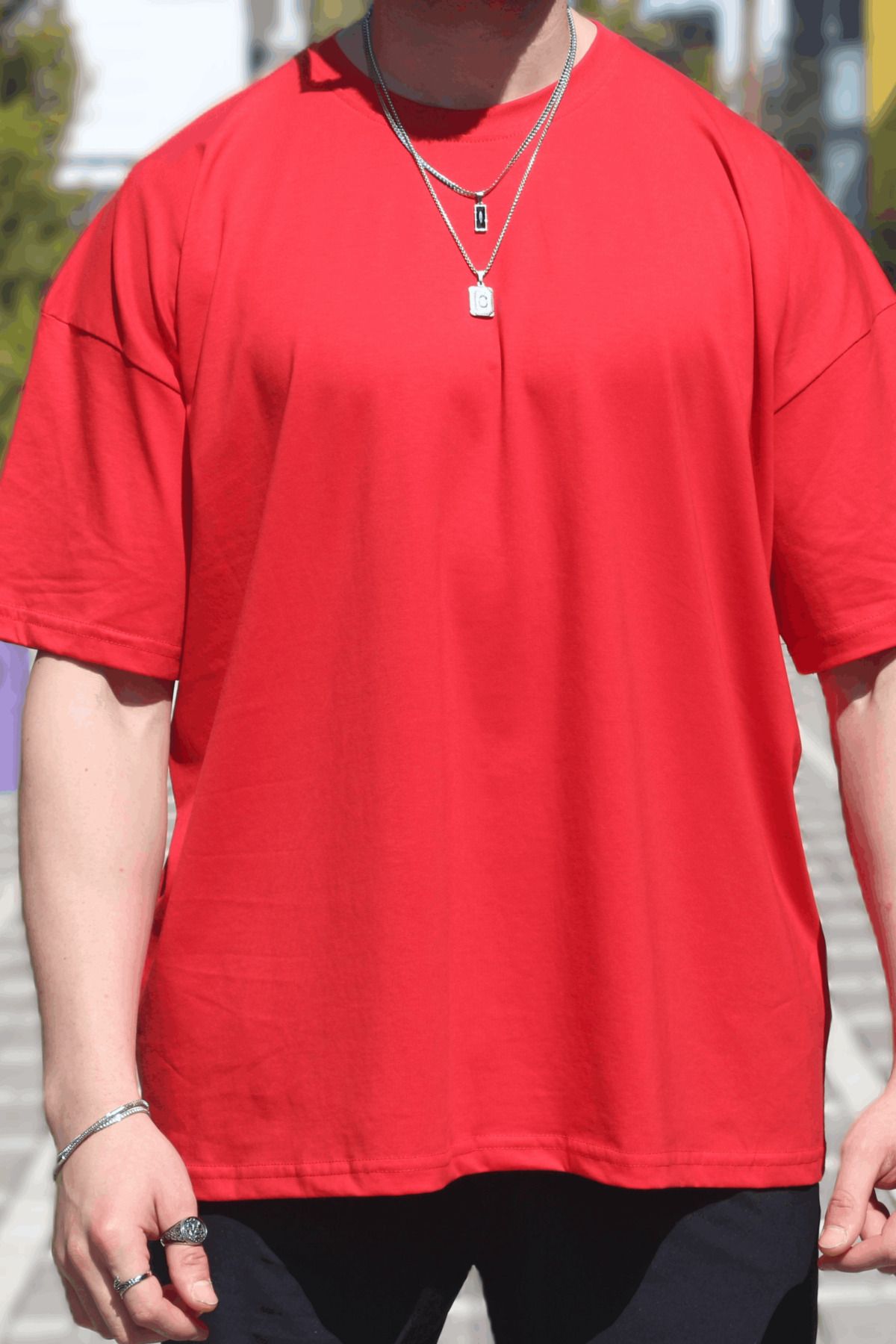 EydaMoon-Tricou roșu oversize pentru bărbați, 100% bumbac, cu decolteu triplu 4