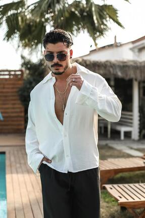 OUTFİT MAN Erkek Special Dokulu Oversize Gömlek Beyaz