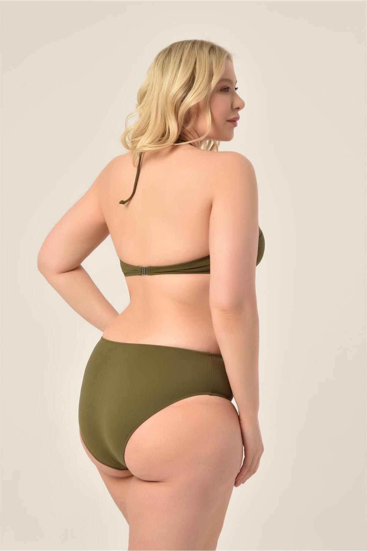 AQUAVİVA-Aquaviva Women's Plus Size Khaki Green Strapless Halterneck Bikini Set 4