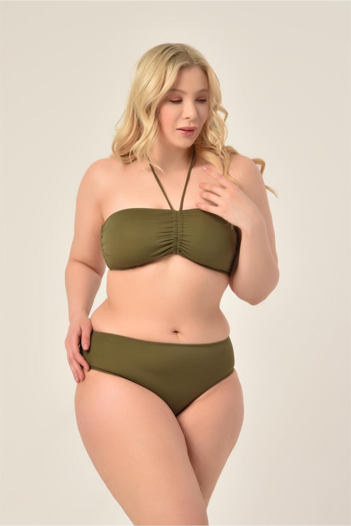 AQUAVİVA-Aquaviva Women's Plus Size Khaki Green Strapless Halterneck Bikini Set 3