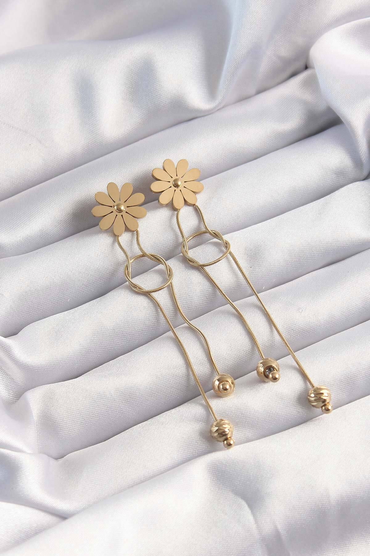utku soydan 316L Çelik Altın Renk Sallantılı Düğüm Model Papatya Küpe - TJ-BKP9497