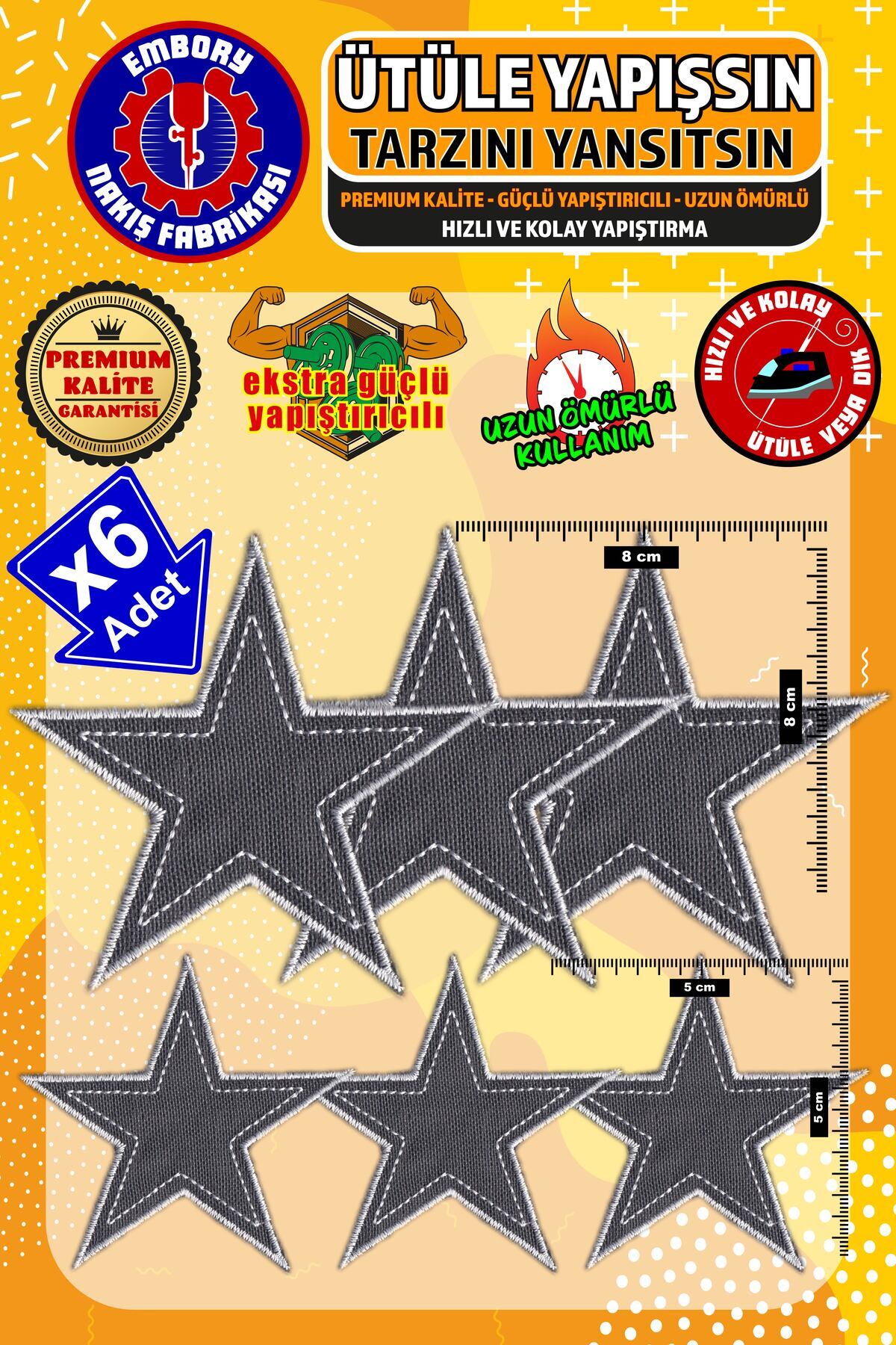 Embory Ütü ile Yapışan Arma Yama, Gri Yıldız (6 ADET) Ütüyle Yapışan Nakış Dokuma Aplike Patch