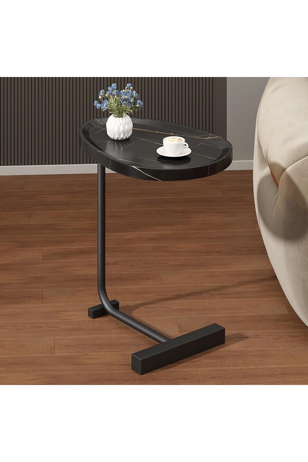 طاولة قهوة عصرية | طاولة جانبية علي شكل حرف سي سطح رخامي وارجل معدنية باللون الأسود 60x45x30 سم