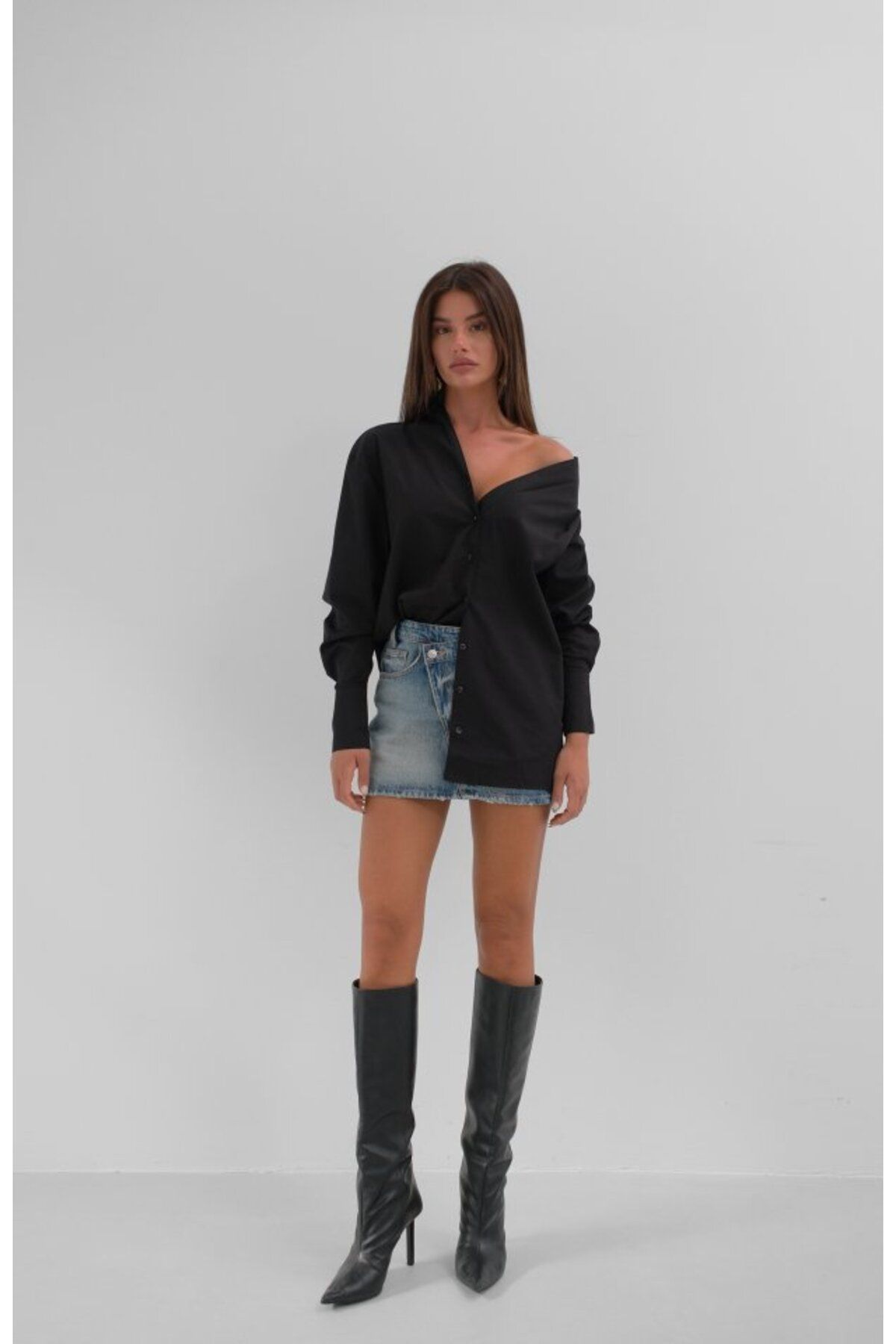 Gökyüzü Moda Asimetrik Şal Yaka Gömlek