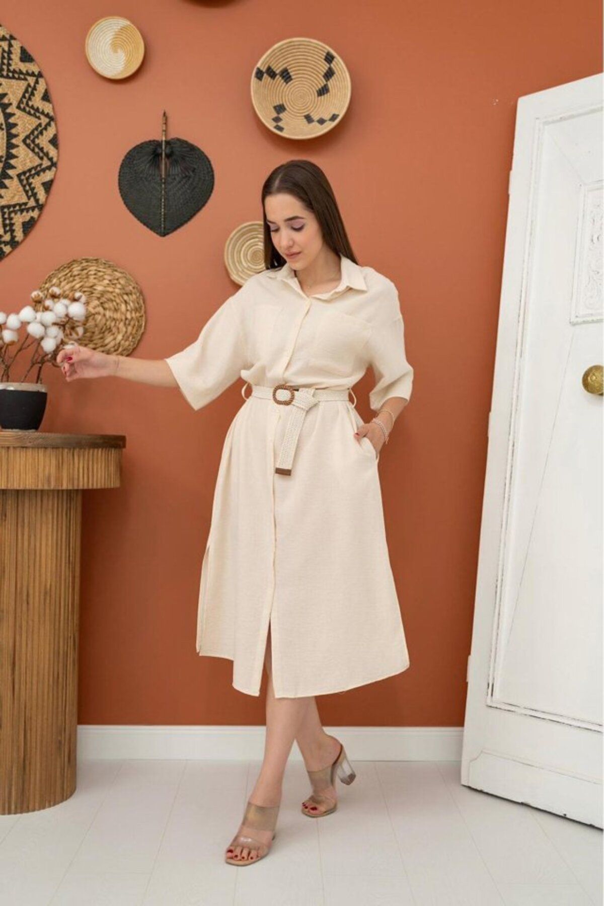 MRA Fashion Bej Kemerli Elbise