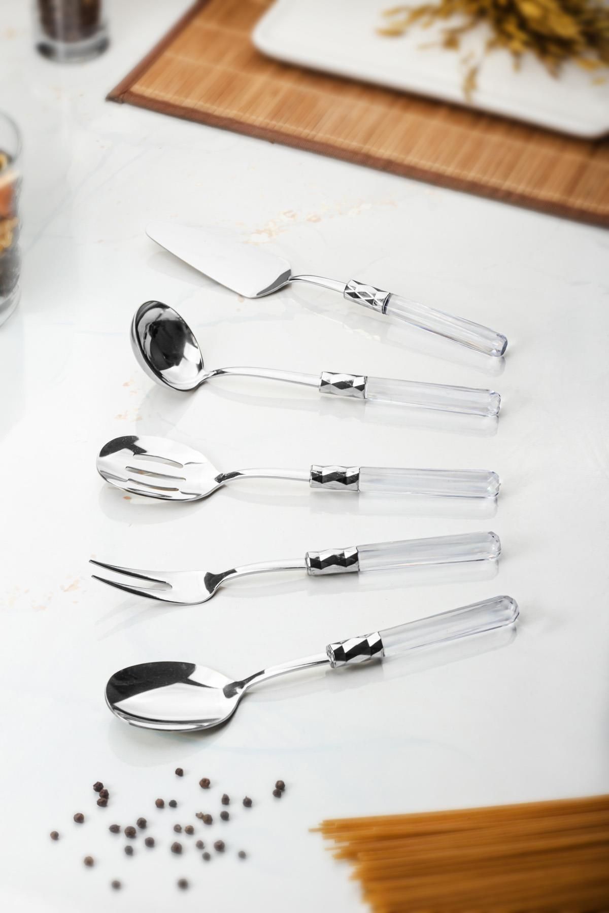 EWs-5 Piece Platinum Serving Set & Serving Presentation Set Transparent (Ladle / Colander / Spatula / Fork / Spoon) 3