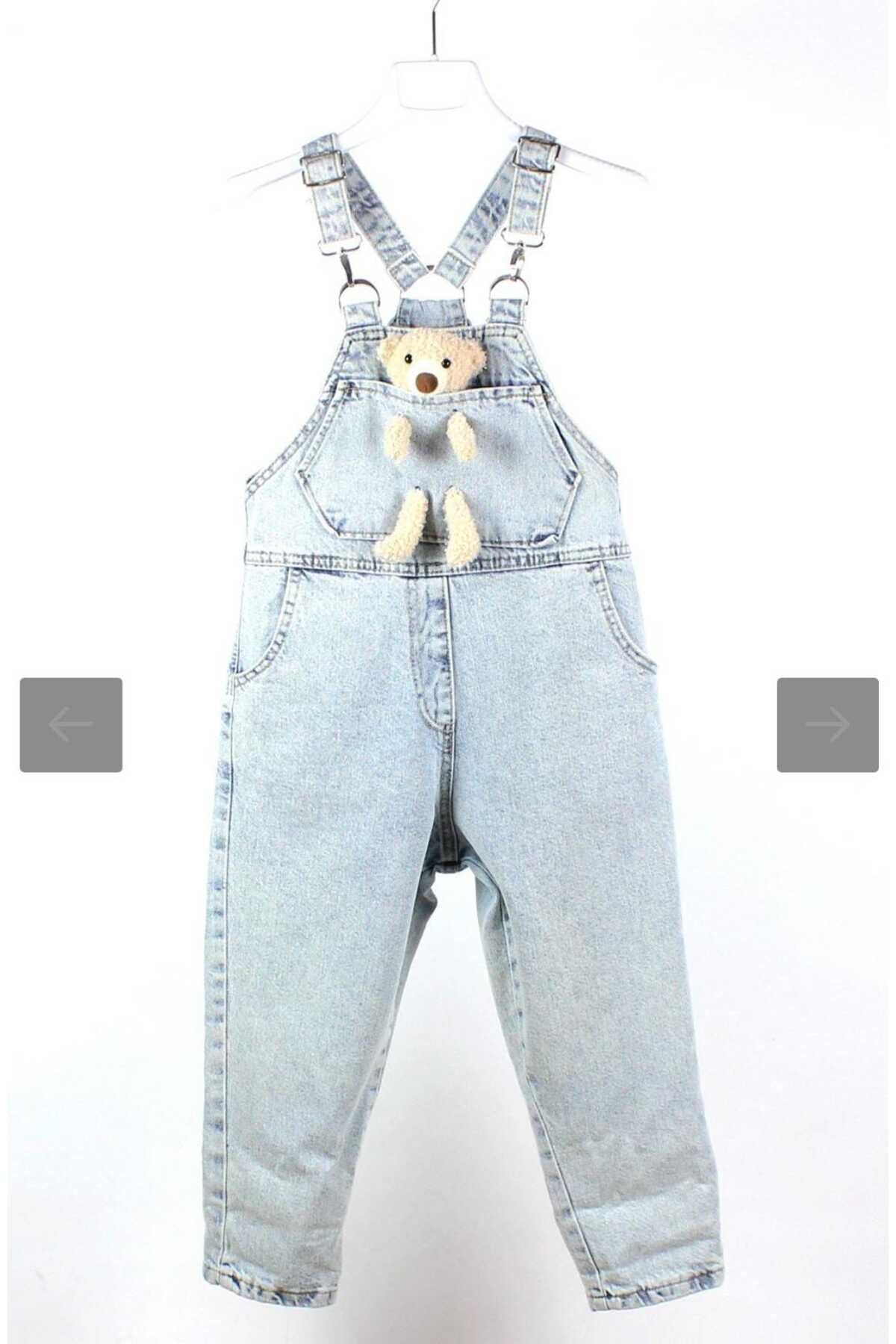 OliveYouMom-Salopetă din denim cu detaliu ursuleț pentru fetiță 7