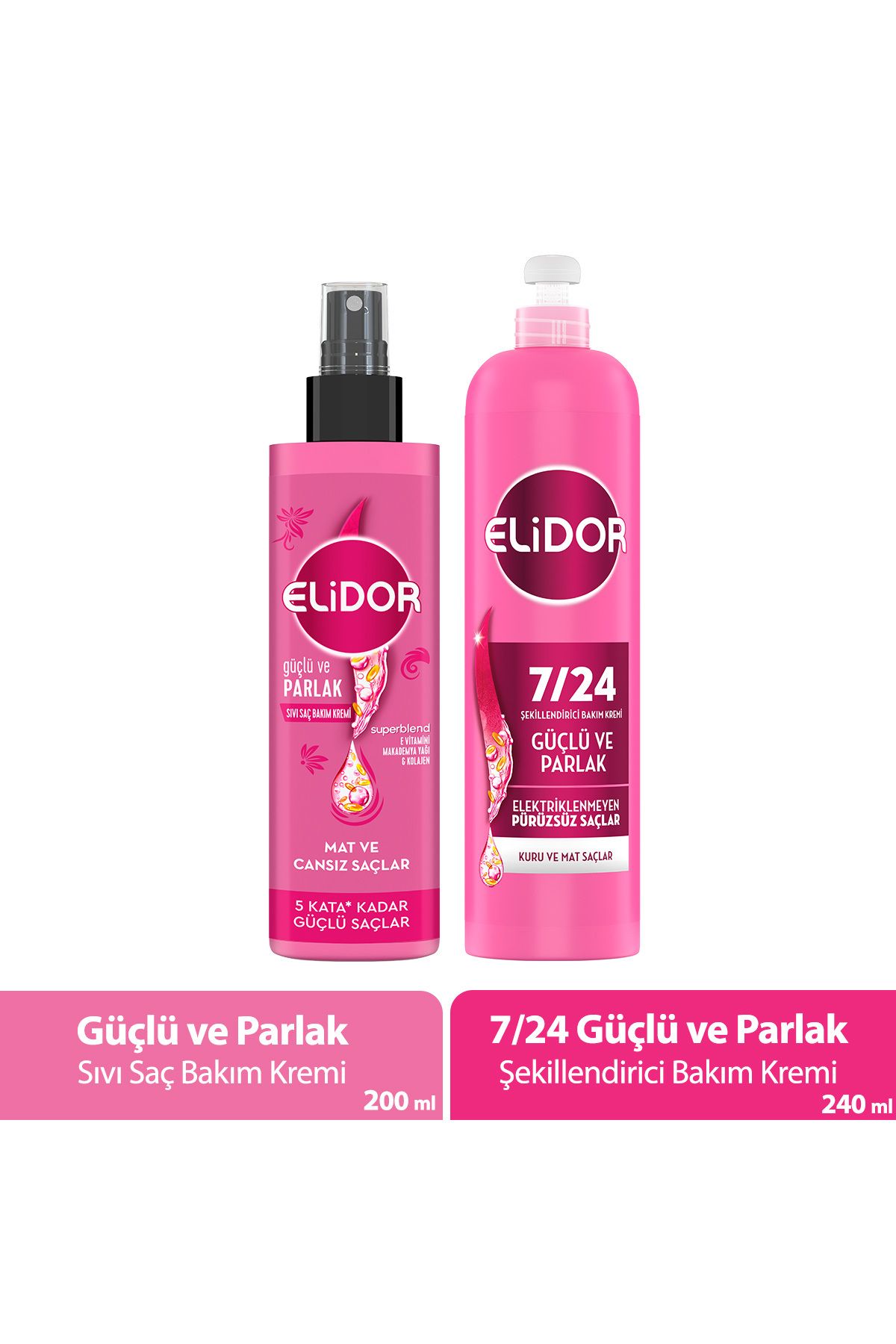 Elidor Sıvı Saç Bakım Kremi Güçlü ve Parlak 200 ml x1 + 7/24 Şekillendirici Bakım Kremi 240 ml x1