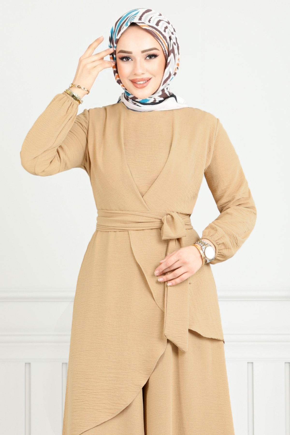 ModaMerve-Asymmetrical Cut Hijab Suit Latte 4