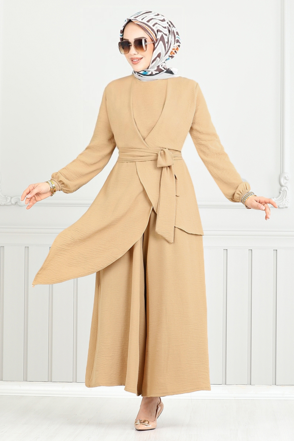 ModaMerve-Asymmetrical Cut Hijab Suit Latte 2