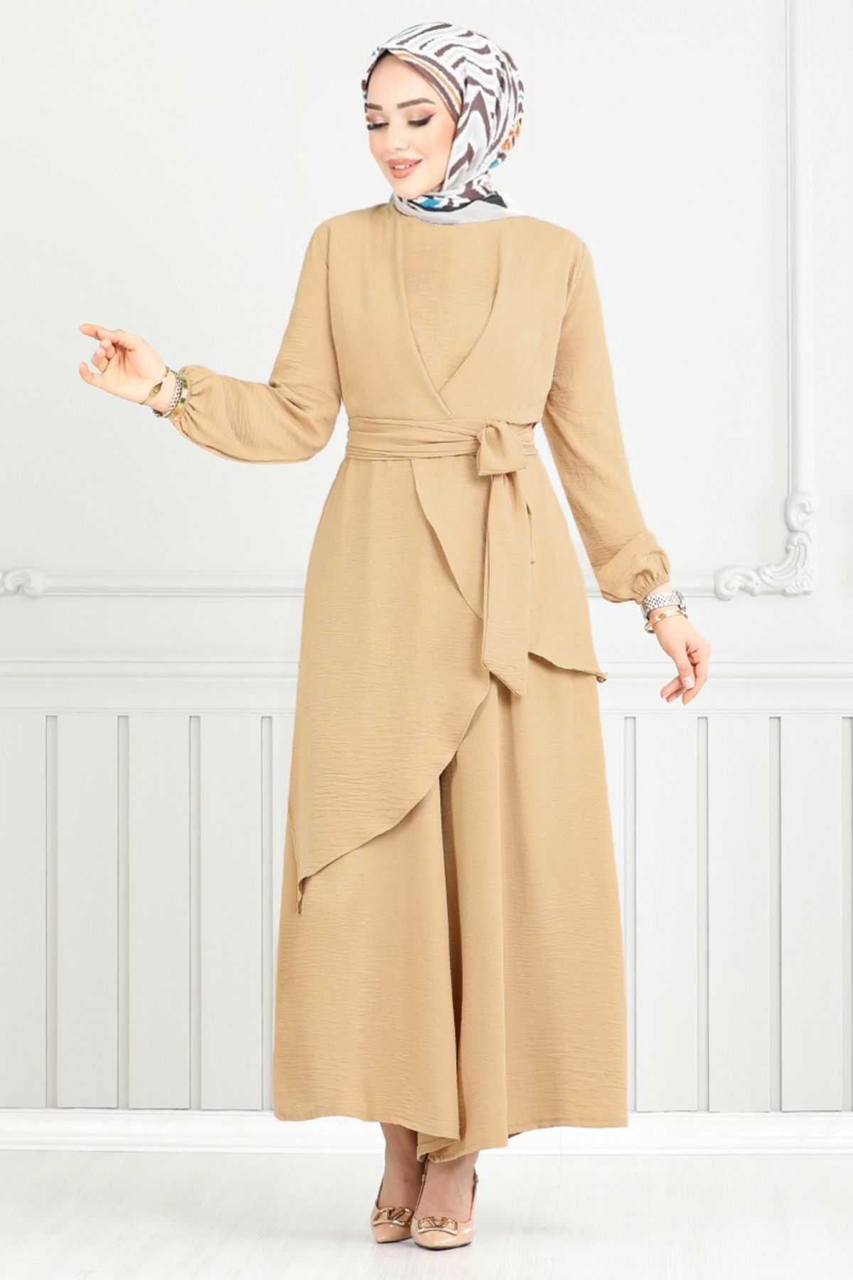 ModaMerve-Asymmetrical Cut Hijab Suit Latte 3