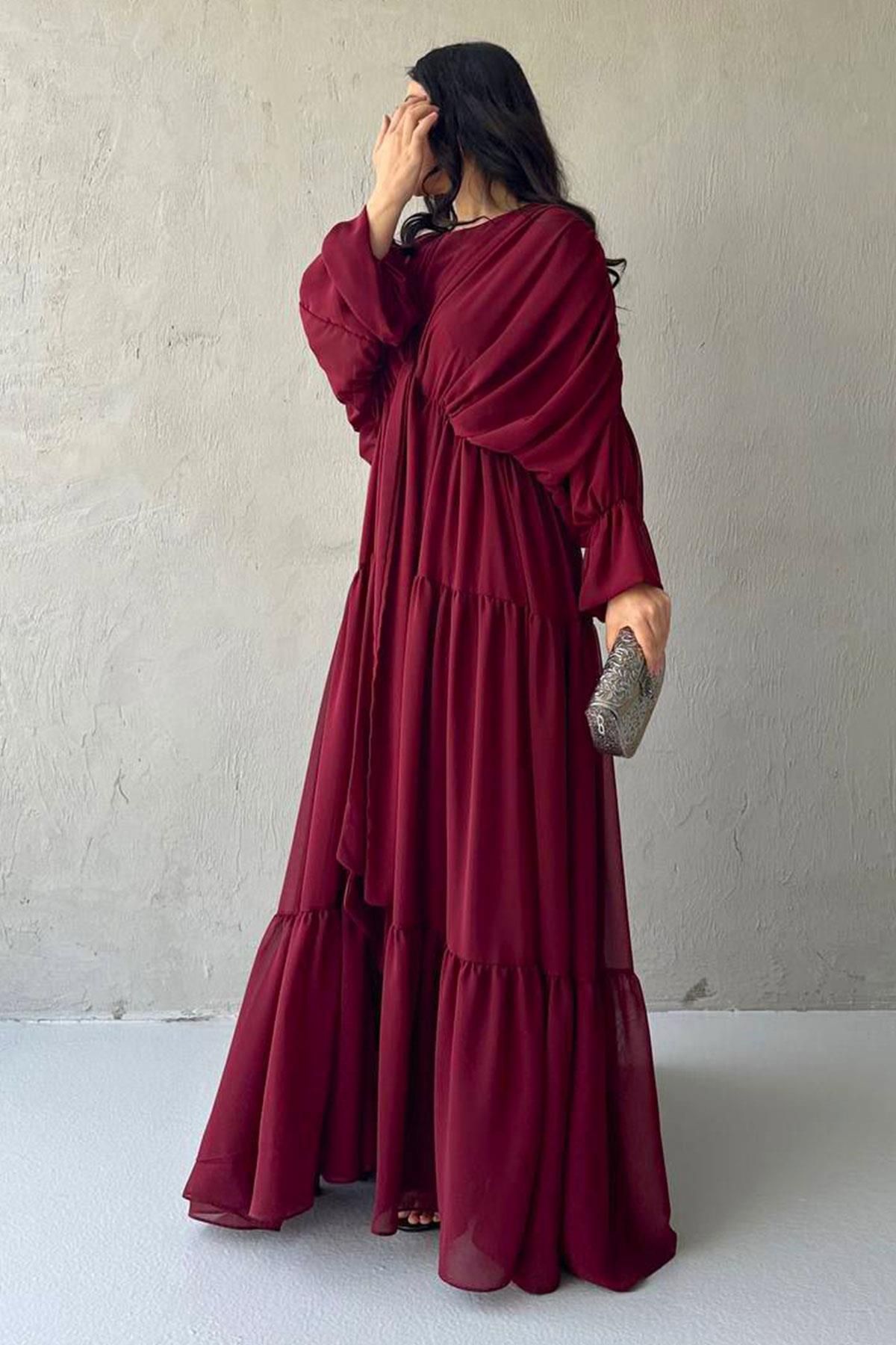 MELEK ARAZ Ayza Şifon Abaya Takım-Bordo