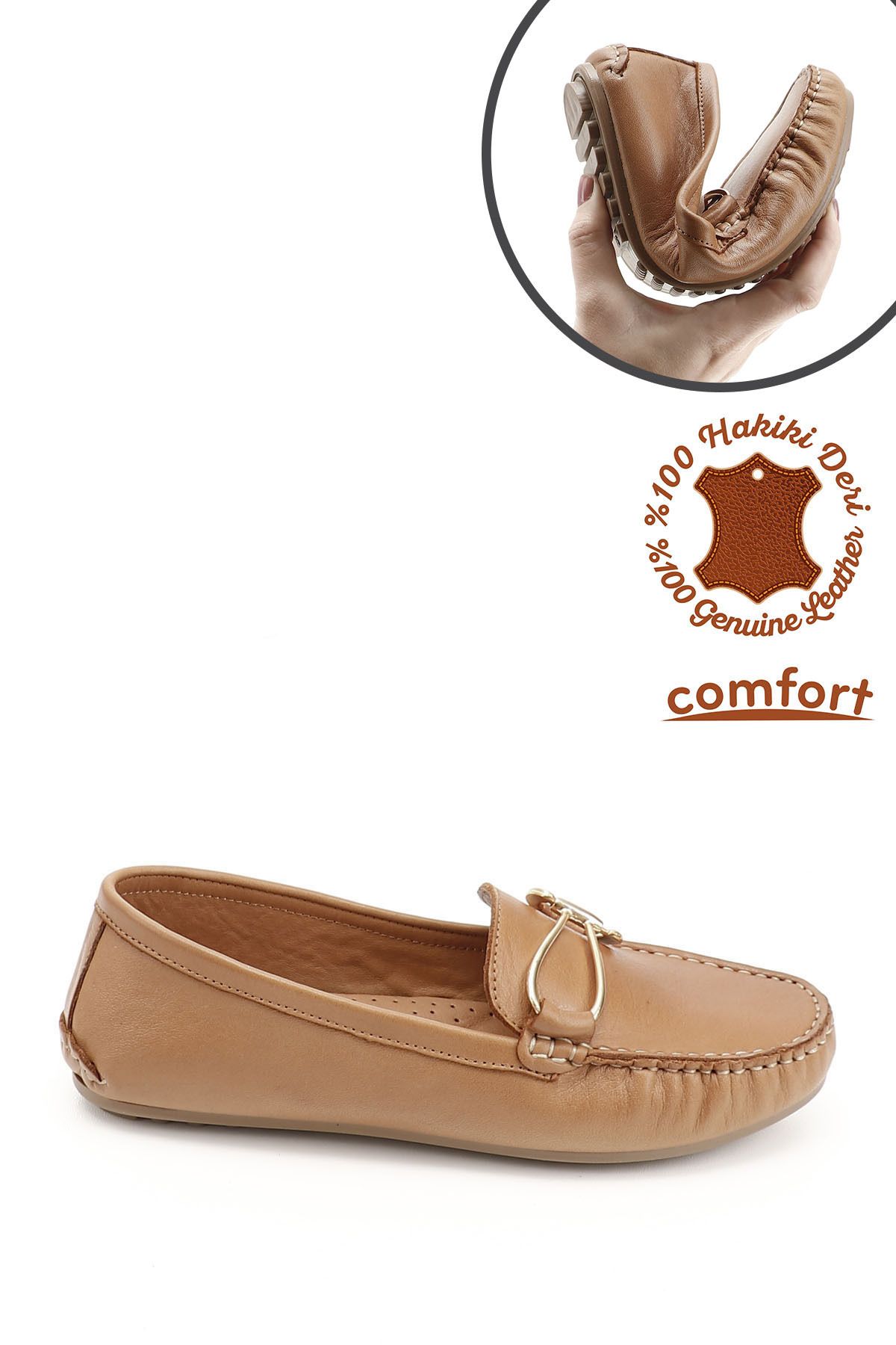 GÖNDERİ(R) Kadın / Kız Taba Antik Tokalı Rok Hakiki Deri Comfort Loafer