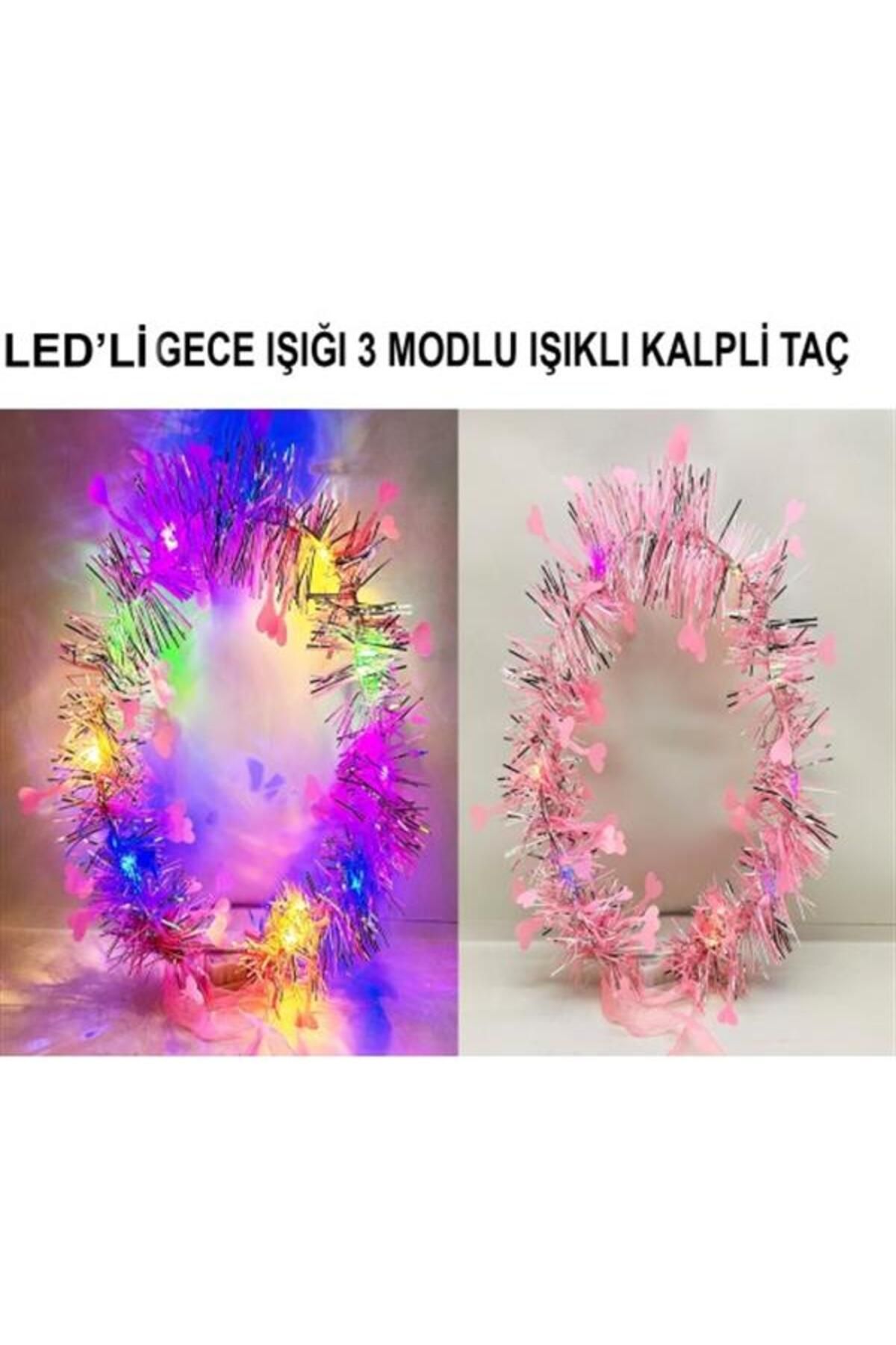 feifei Kalp Püsküllü 3 Modlu LED Işıklı Taç Pembe Renk