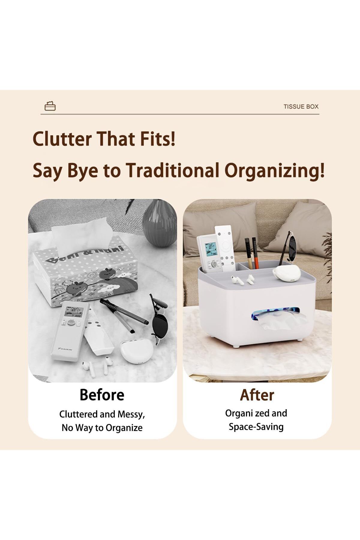 COOYA-Multifunctional Tissue Storage Box,Home Rectangular Tissue Container with Remote Control Holder 5
