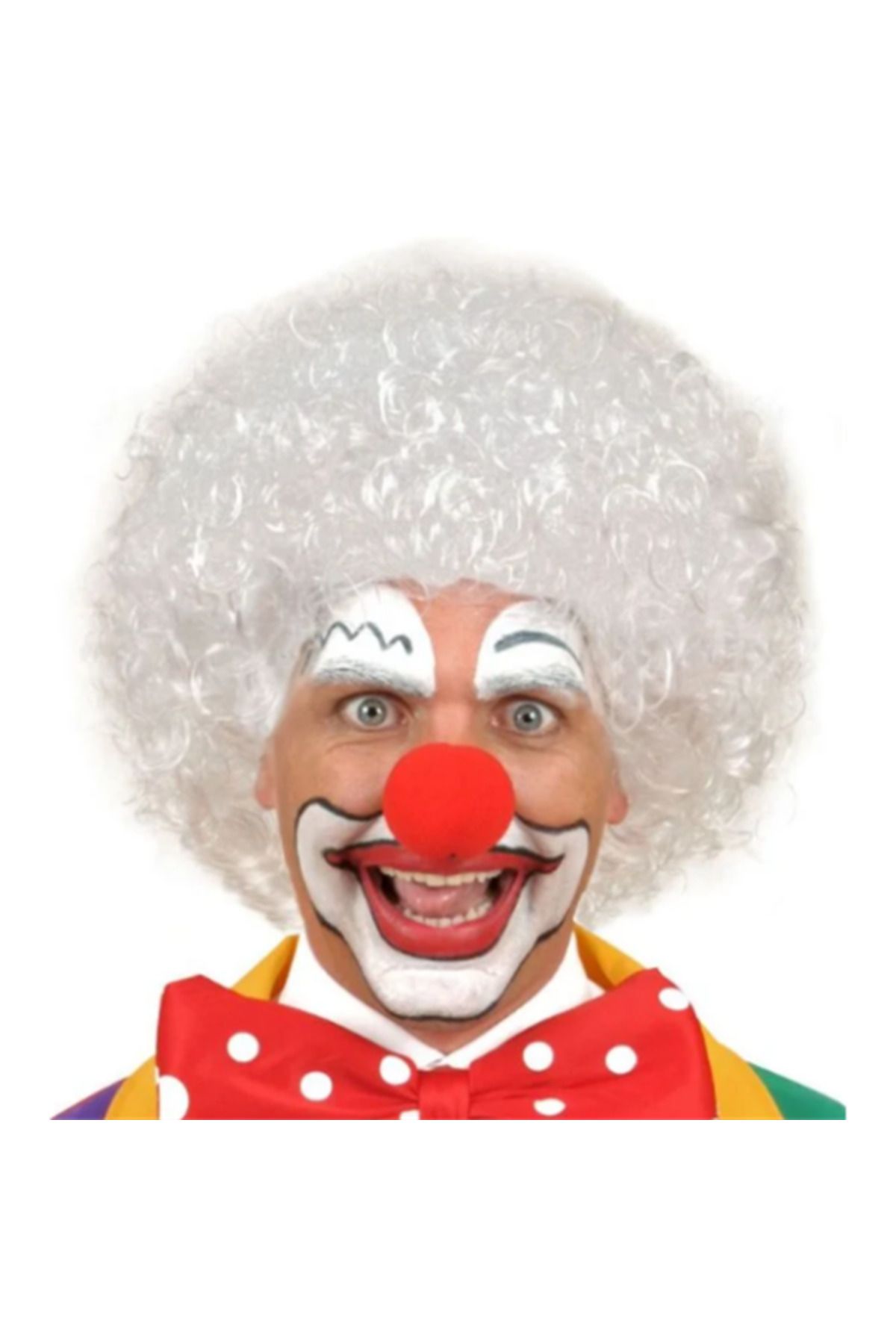LovelymCo Beyaz Kıvırcık Afro Peruk Ve Kırmızı Sünger Burun Seti