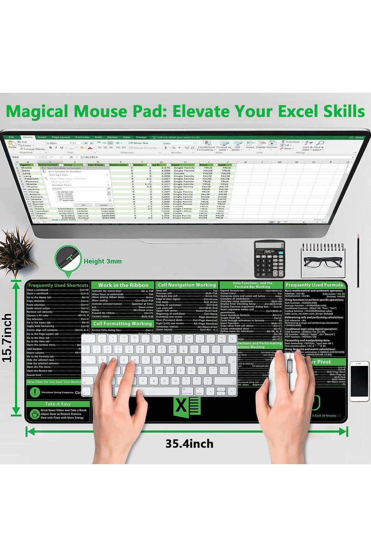 erorex-Excel Shortcuts Mousepad Upgraded Pro Version Extended Office Desk Mat Stitched Edges Non Slip Base 2