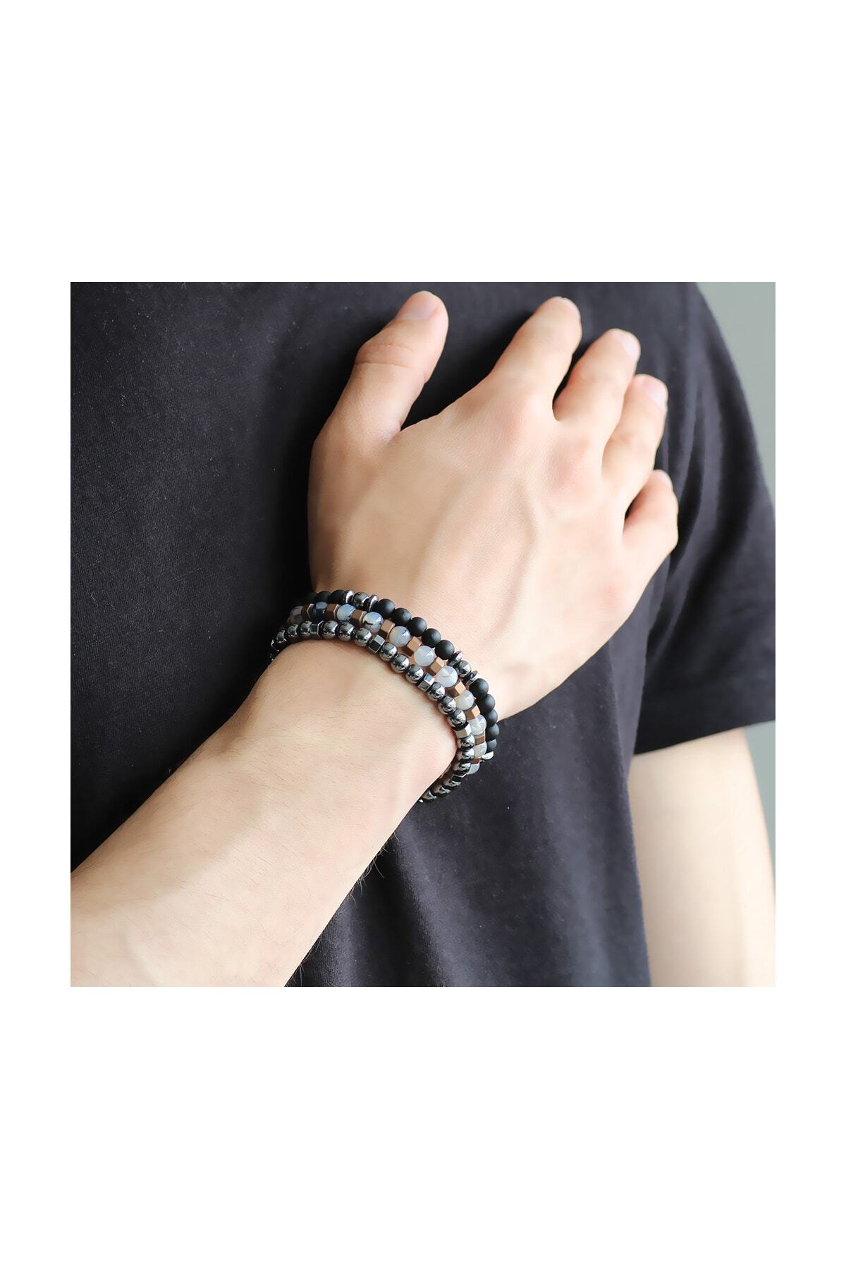 Tesbihane-Black Hematite and Onyx Bracelet Sphere Cut Natural Stone Bracelet - 104000540 2