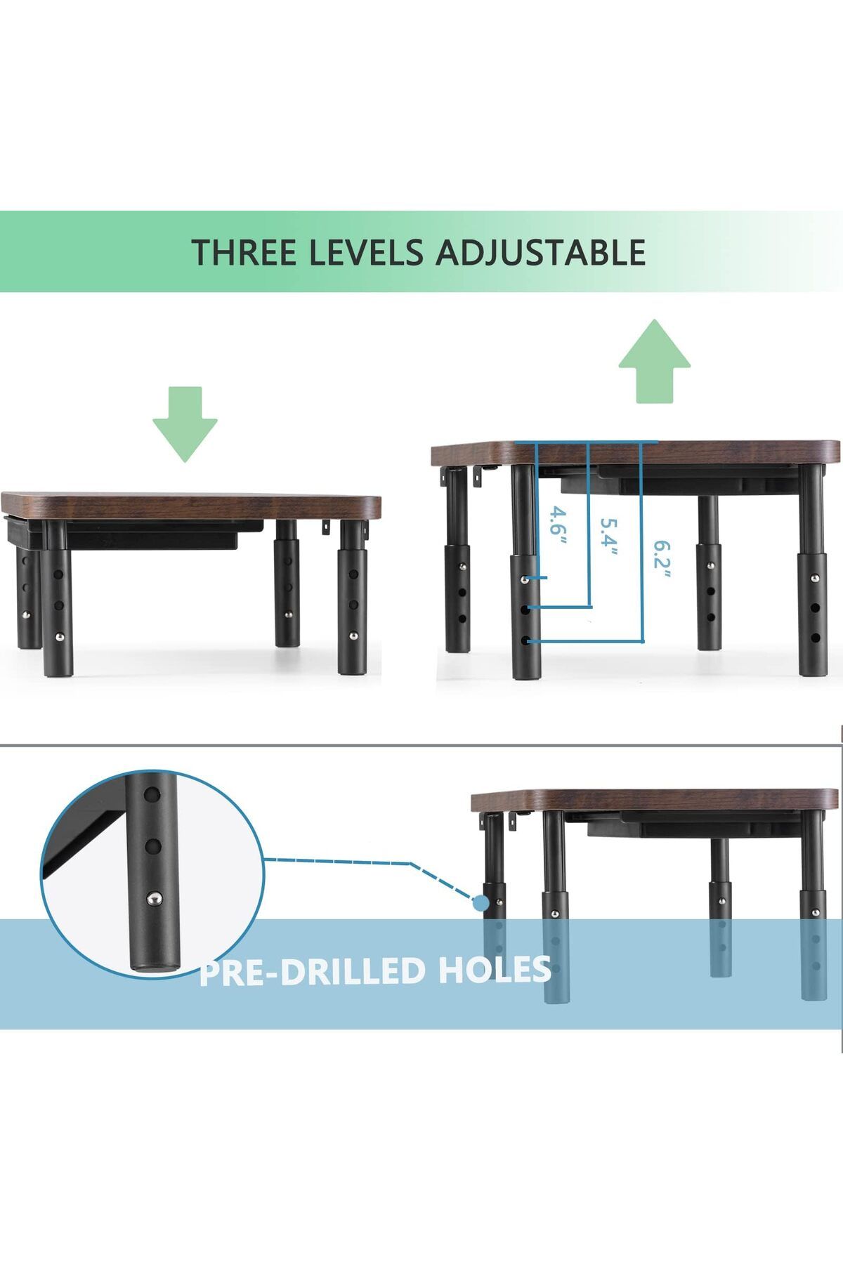 erorex-Monitor Stand Riser 3 Height Adjustable Monitor Stand With Storage Drawer For Desk Wood Desk 6