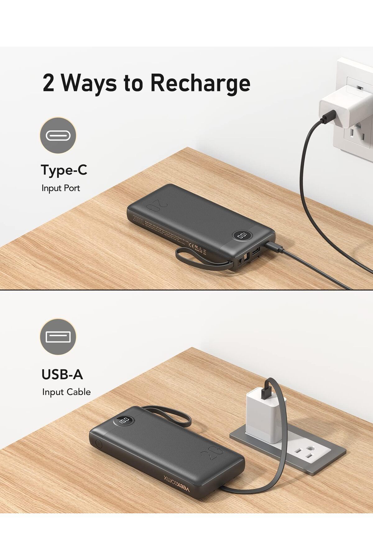 erorex-بنك طاقة مع كابلات مدمجة 20000 مللي أمبير في الساعة شاحن محمول لجهاز iPhone USB C شاشة LCD خارجية 6