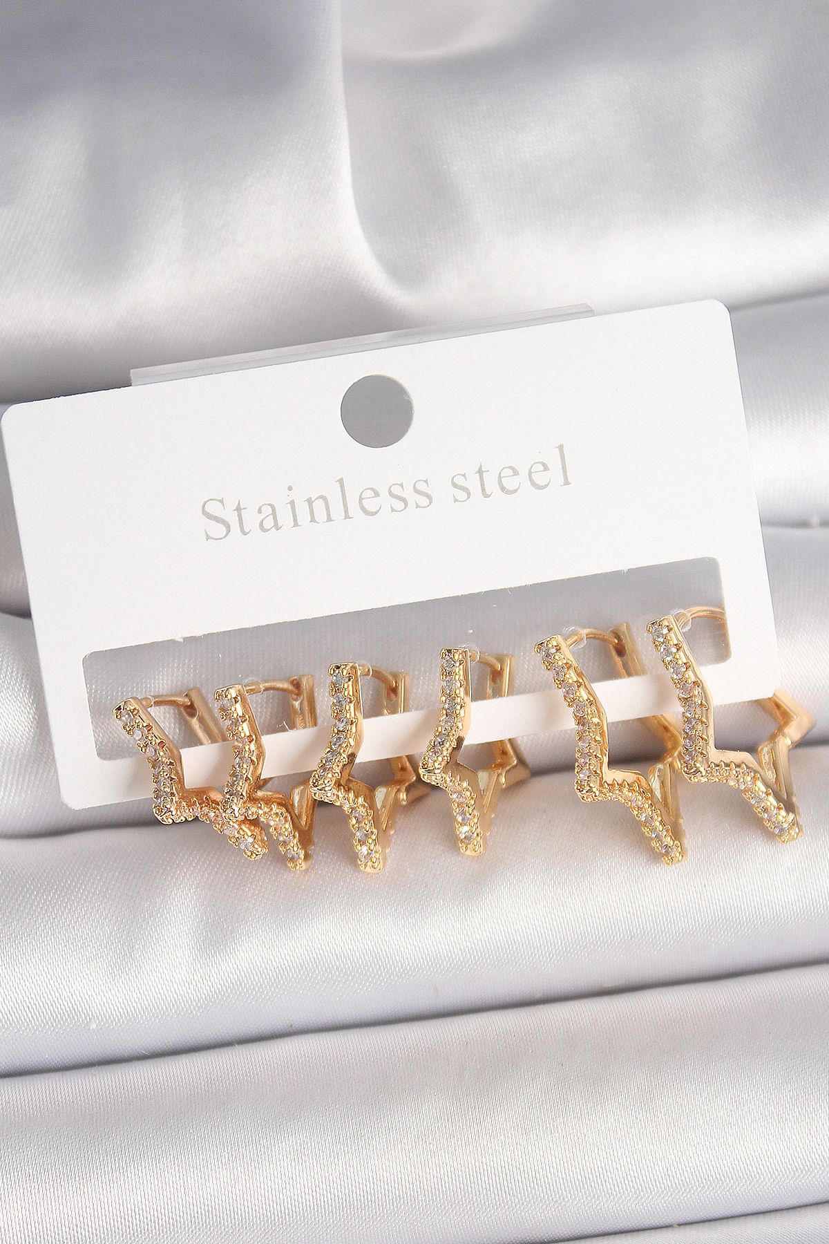 New Things Pirinç Gold Renk Zirkon Taşlı 3 Çift Yıldız Model Kadın Küpe