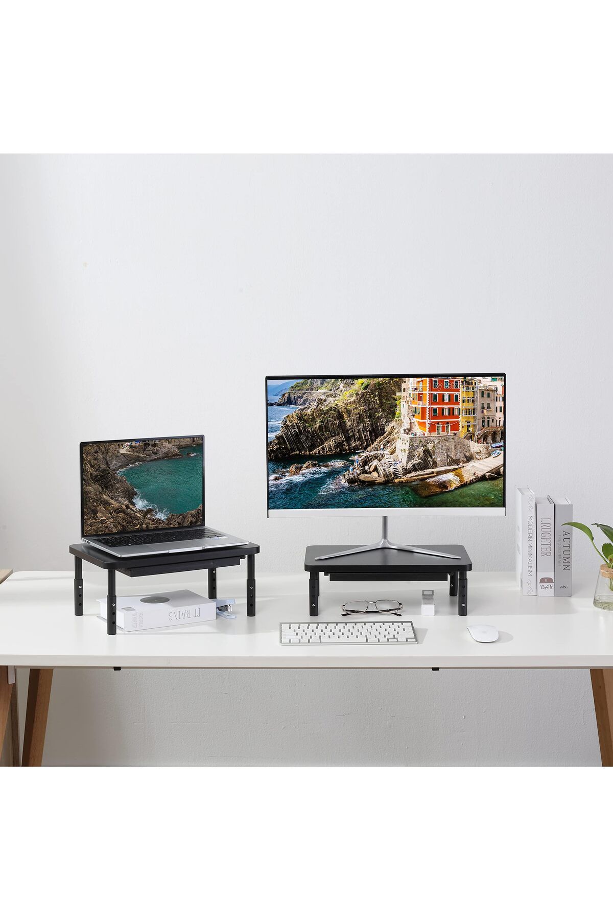 erorex-Monitor Stand Riser 3 Height Adjustable Monitor Stand With Storage Drawer For Desk Wood Desk 4