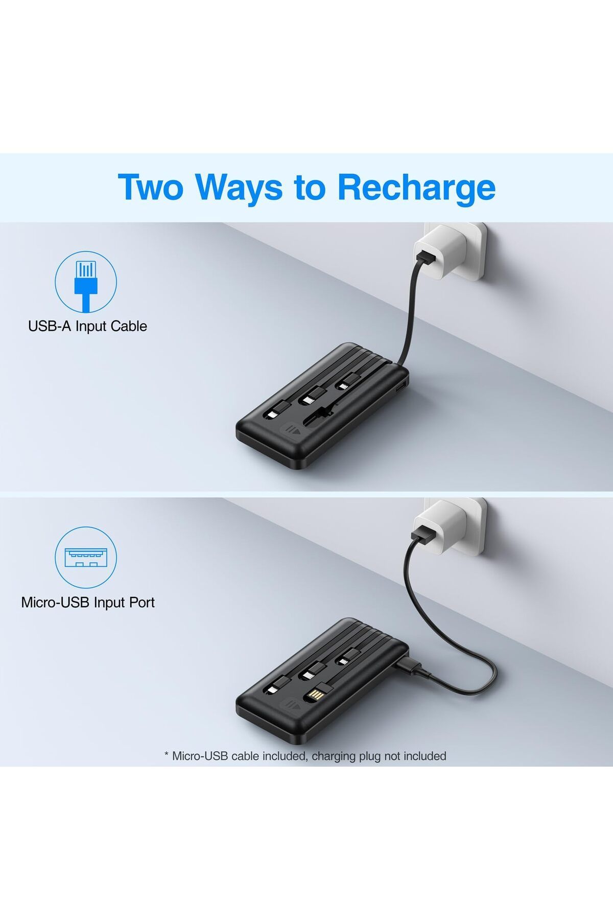 erorex-Power Bank 10000Mah With Built In Cable Portable Charger 4 Outputs 2 Inputs Built In Phone Stand 4