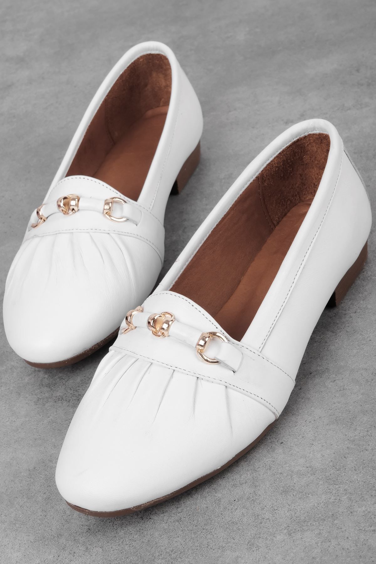 Lal Shoes & Bags-Derrla Women's Genuine Leather Gold Buckle Detailed Ballerina Shoes-White 2