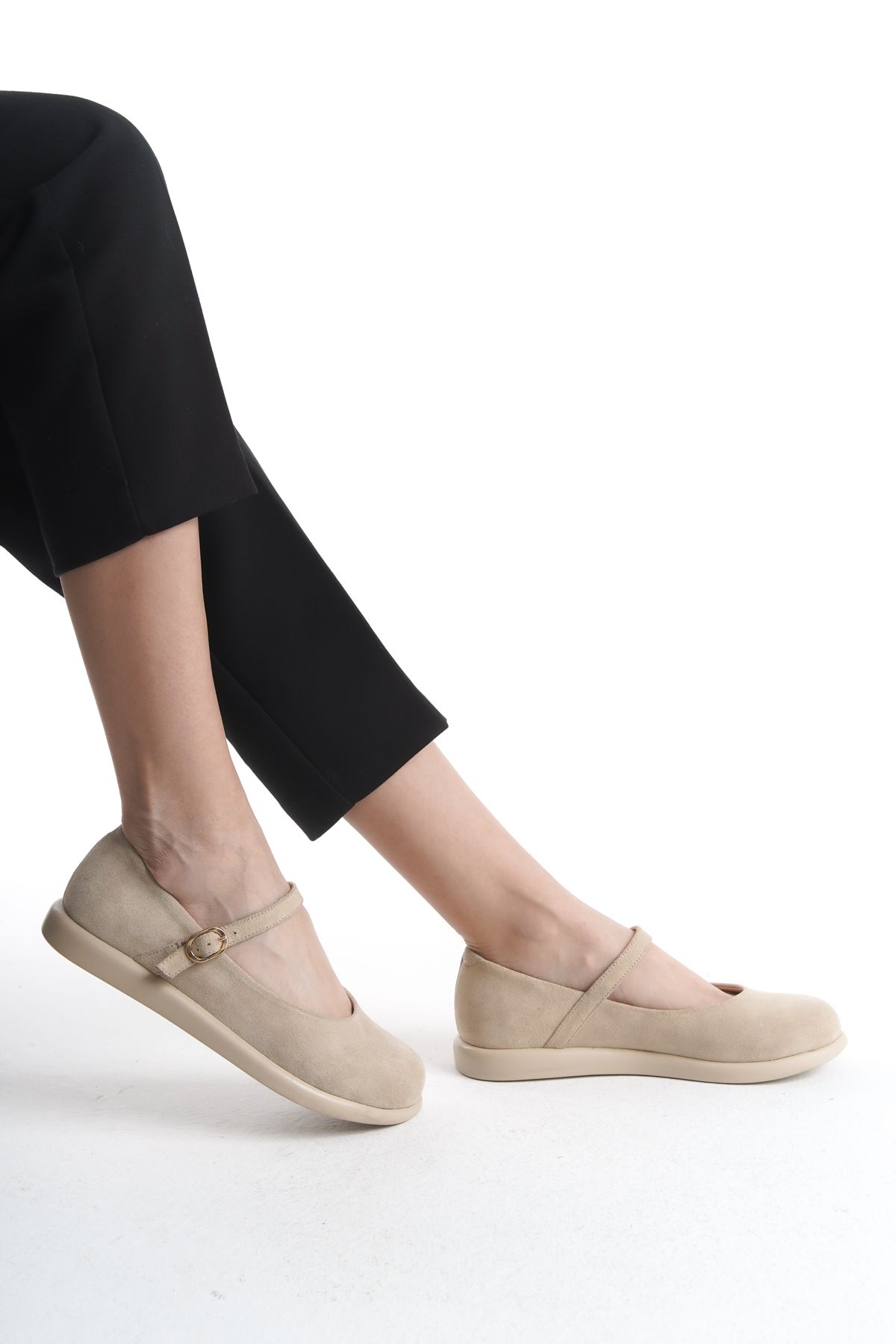 GNS Shoes-Ischia Genuine Leather Beige Suede Single-Strap Women's Ballerinas 2