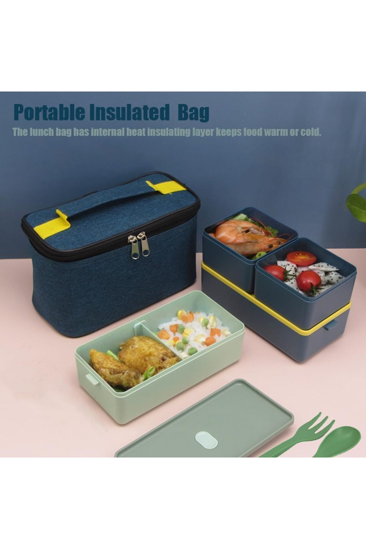 erorex-Lunch Box 1400Ml Bento Box With Spoon Fork 2 Layer 3 Compartments Leak Proof Meal Prep Container 4