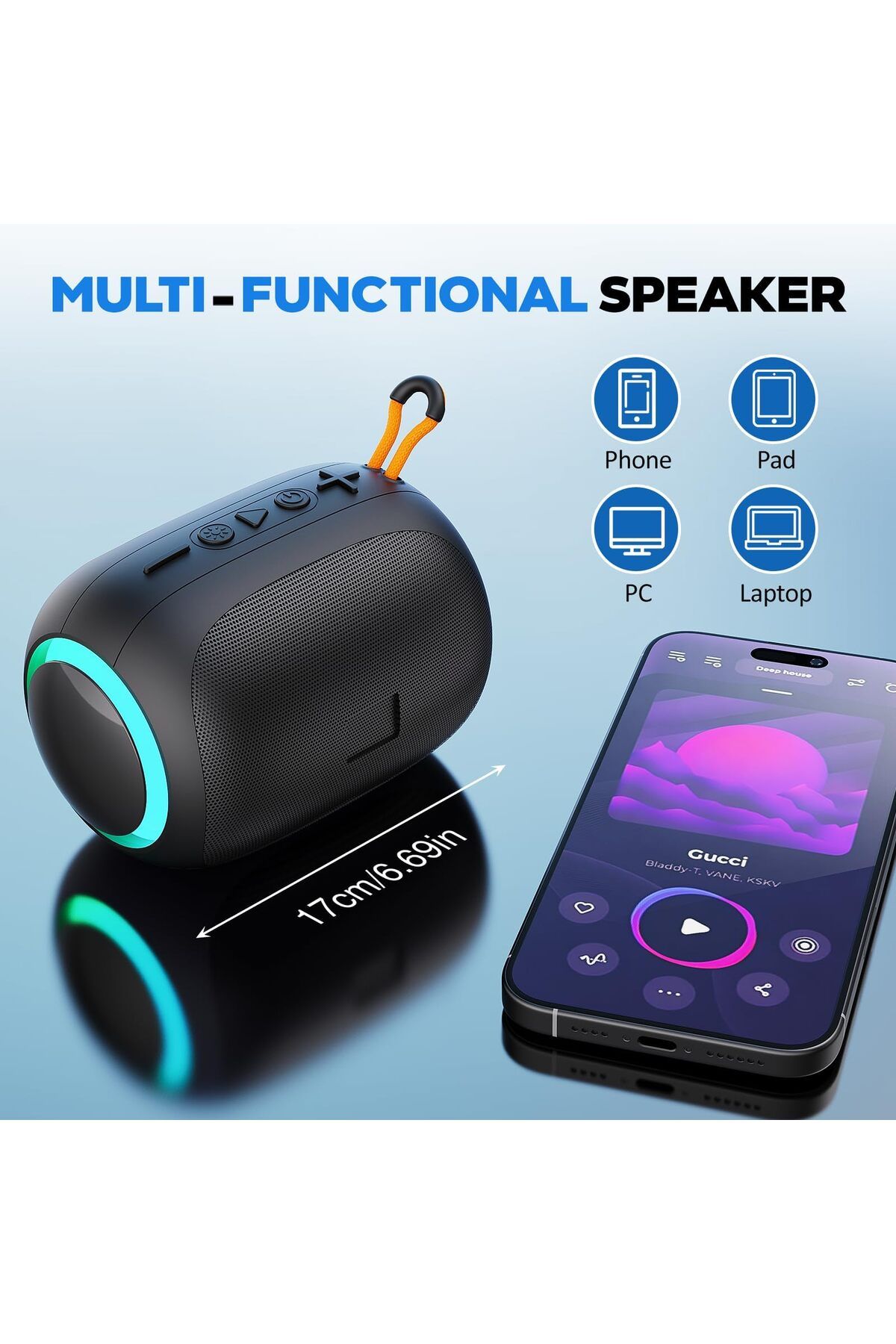 erorex-Portable Bluetooth Speaker With Led Lights 8 Hour Battery Life Tf Usb Aux Support Bluetooth 5.3 5