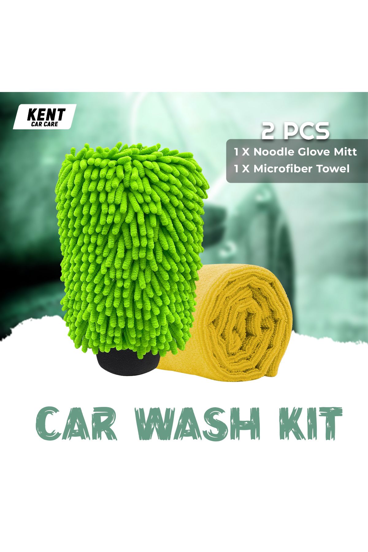 KENT-Car Care Microfibre Wash & Dry Pack – Noodle Glove Mitt Green & Drying Towel for Car Cleaning 1