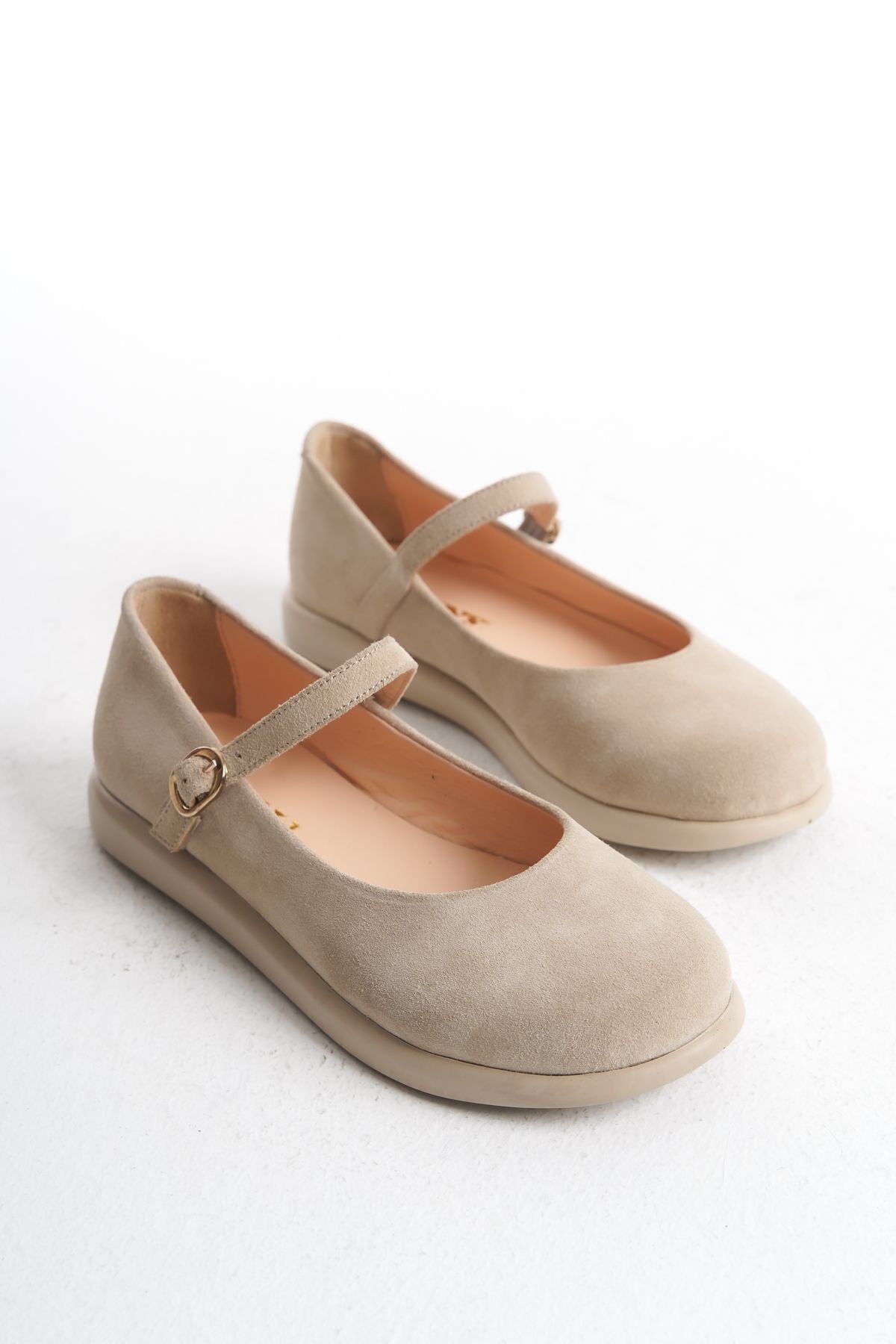 GNS Shoes-Ischia Genuine Leather Beige Suede Single-Strap Women's Ballerinas 1