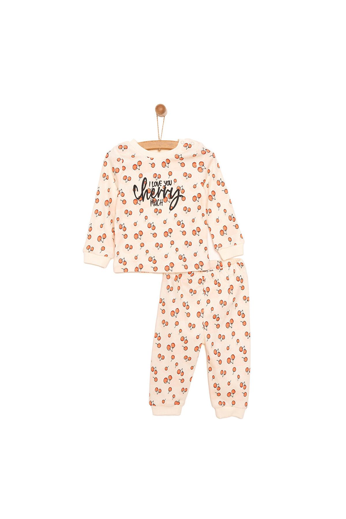ست لباس خواب دختر بچه HelloBaby، الگوی گیلاسی اینترلاک، بندکشی، صورتی آستین بلند یقه خدمه ebebek Hello Baby