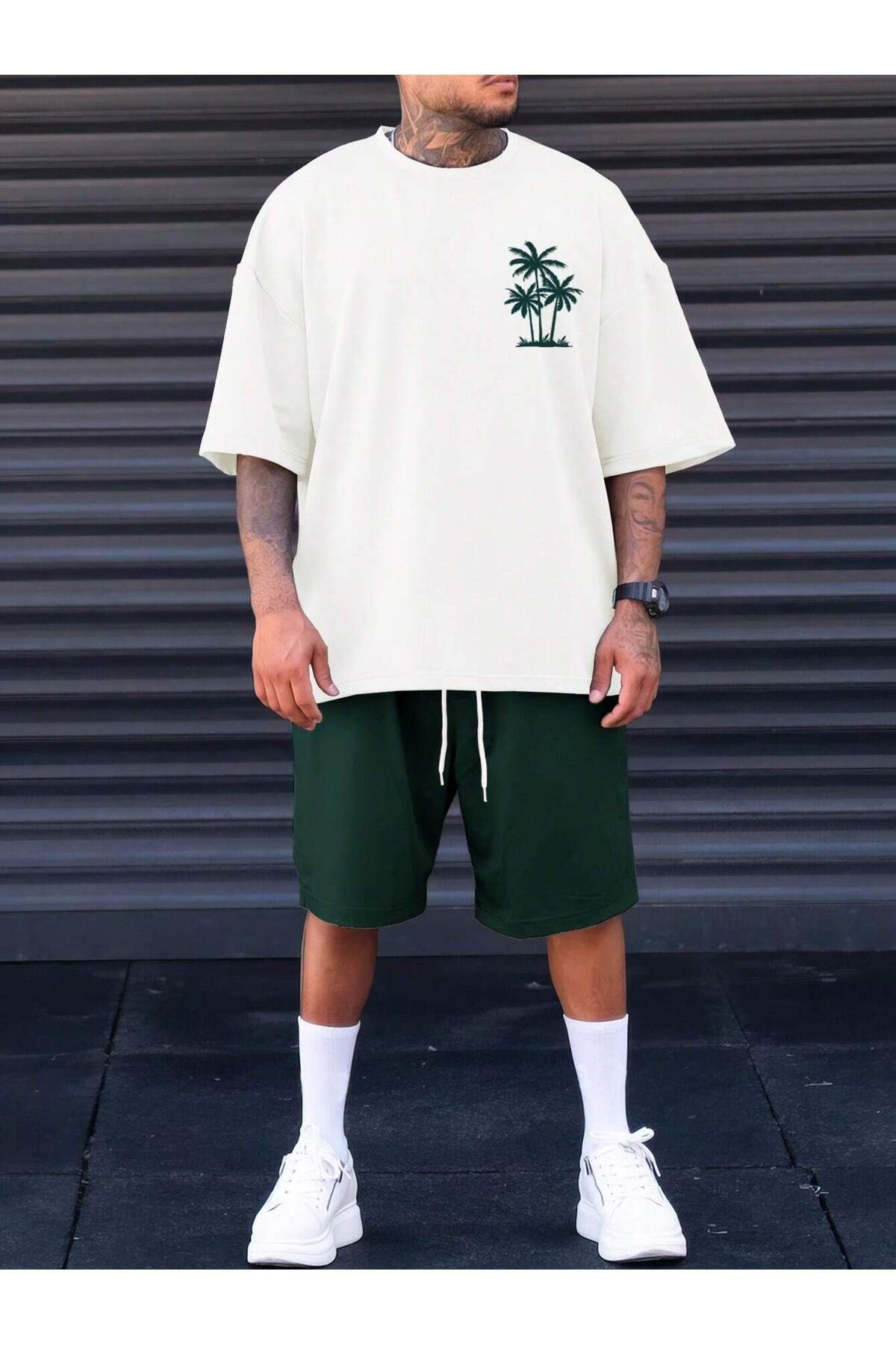 PENTHİLUS-Manfinity Men Plus Tropical Print Drop Shoulder Tee & Drawstring Waist Shorts 4