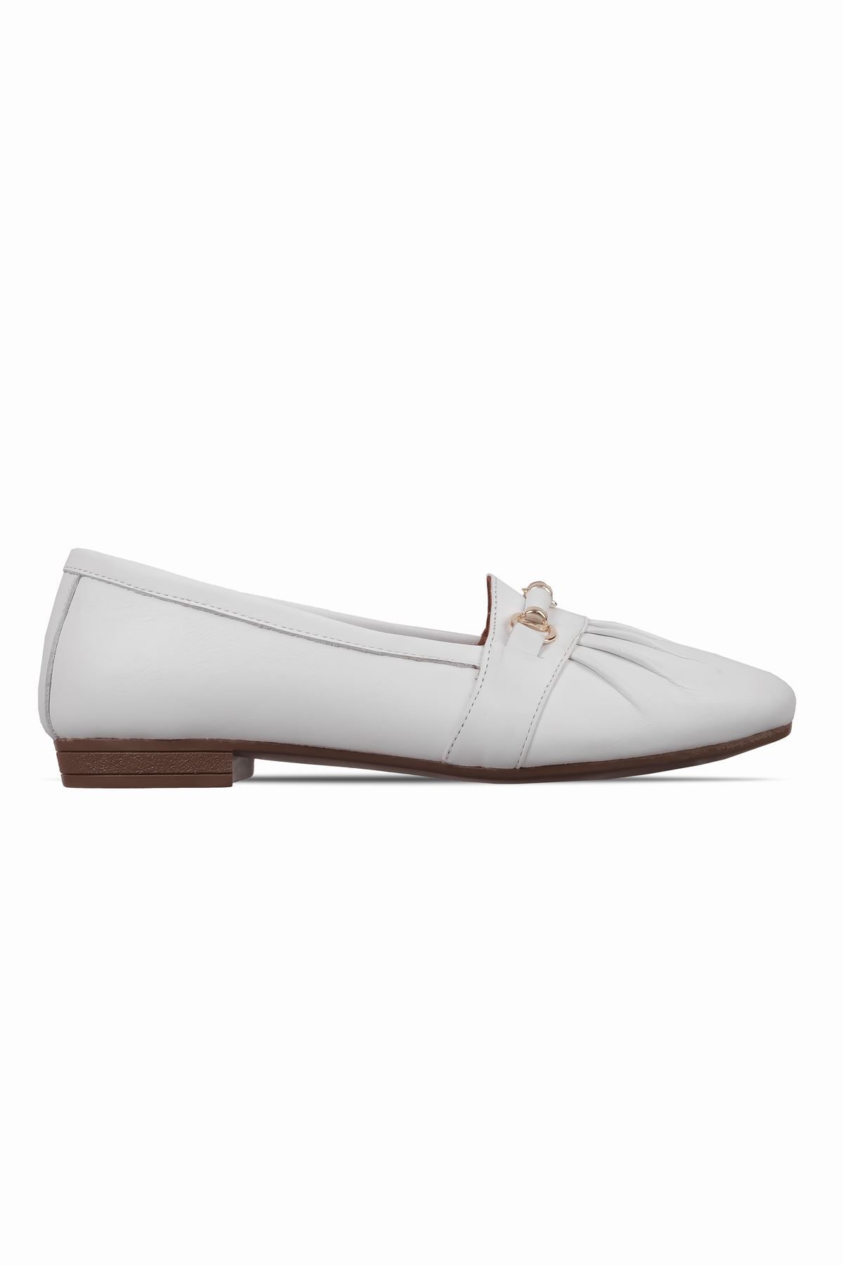 Lal Shoes & Bags-Derrla Women's Genuine Leather Gold Buckle Detailed Ballerina Shoes-White 1